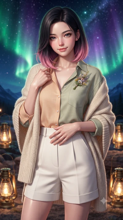 score_9, masterpiece, best quality, ultra-detailed, high-budget anime keyframe, editorial fashion photography, tasteful artistic composition, Korean woman. close-up cowboy shot from the waist and thighs up, the character dominates the composition, fi