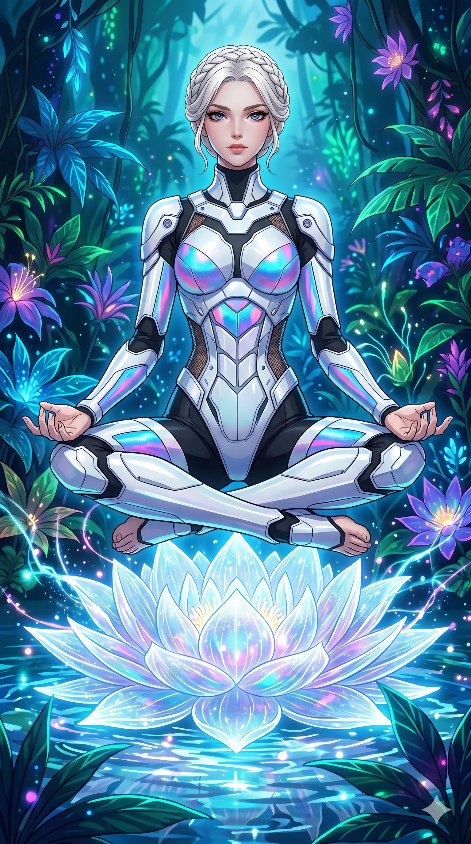score_9, masterpiece, best quality, ultra-detailed, High-budget Anime Keyframe, vibrant colors, fluid line-art, expressive lighting, cinematic composition, Ufotable-style visual effects, top-tier animation quality, Japanese woman with delicate and elegant anime-inspired features. Low angle cowboy shot filling the entire 9:16 frame with her statuesque presence, looking up to emphasize her height. Meditating atop a massive digital lotus blossom that floats on a pond of liquid light. She has an absolutely perfect 8-heads proportion, an exceptionally tall and slender female figure with impossibly long slender legs and an ultra-slim waist, her statuesque height and towering silhouette dominating the vertical 9:16 frame. Her face is a masterpiece featuring a sharp v-shaped jawline, high-bridge nose, intricate jewel-like eyes with depth, thick eyelashes, and glossy lips with a natural sheen. She is wearing a White chrome-plated armor plating over a black plugsuit, featuring holographic fabric that shifts colors based on light and peek-a-boo mesh.. The scene is set in a bioluminescent jungle where every leaf and flower glows with a unique frequency. 2k, ultra detail, master piece, 9:16 ratio
