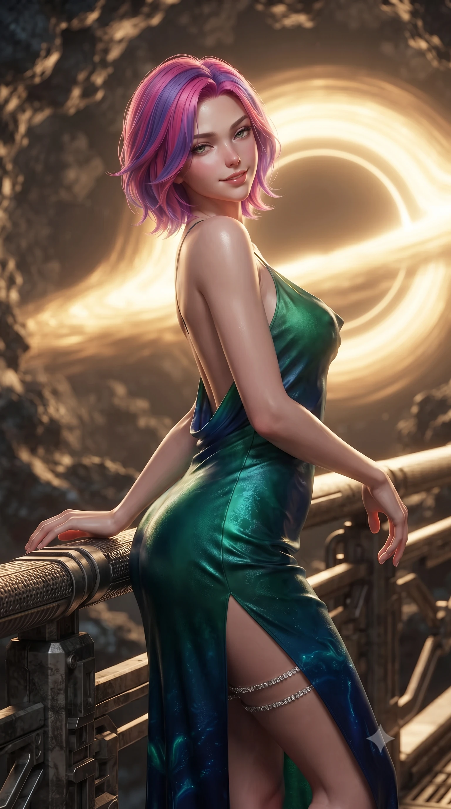 score_9, masterpiece, best quality, ultra-detailed, high-budget anime keyframe, editorial fashion photography, tasteful artistic composition, Caucasian woman. close-up cowboy shot from the waist and thighs up, the character dominates the composition, filling the frame with her large presence. leaning back against the balustrade with relaxed seductive grace, head tilted back slightly while casting a hypnotic, heavy-lidded gaze while standing poised on the magnetic suspension bridge inside the hollow asteroid, arching her back with siren allure as a captured micro-black hole pulses with golden synchrotron radiation rings. The background shows a soft-focus gravitational distortion shimmer softened in quantum singularity chamber shallow focus. She has an exceptionally elegant, slender, and willowy female figure with an ultra-slim waist, flat toned midriff, narrow ribcage, and sculpted feminine hips creating an alluring, slim hourglass silhouette without bulk. sharp v-shaped jawline, high-bridge nose, intricate jewel-like sparkling eyes with depth, thick eyelashes, glossy parted lips with a natural peach sheen, bright cheerful beaming smile with an enchanting and coquettish sensual glint, exuding both youthful cute charm and seductive allure, flawlessly proportioned anatomical accuracy, strict slender model proportions, natural body alignment, perfectly sculpted long slender limbs, ultra-slim waistline, clean dynamic posture without body distortion. wearing a form-contouring gossamer silk chiffon combat slip dress with a hip-high slit and open cowl back clinging with dewy moisture in bioluminescent emerald and abyssal sapphire, crafted from fluid liquid silk satin that clings smoothly to her narrow waist and rounded hips with a dewy sheen, finished with delicate crystal-encrusted thigh garter straps glinting in the dim light, the form-contouring silhouette accentuating her sculpted flat midriff, narrow delicate ribcage, and gracefully curvy hips with intoxicating allure. bathed in the blinding golden synchrotron radiation of the singularity contrasted with deep obsidian shadow gradients. ultra-reflective glossy finish, specular highlights, rich textural contrasts, high-contrast stereoscopic depth, volumetric dynamic lighting, 2k, ultra detail, master piece, 9:16 ratio