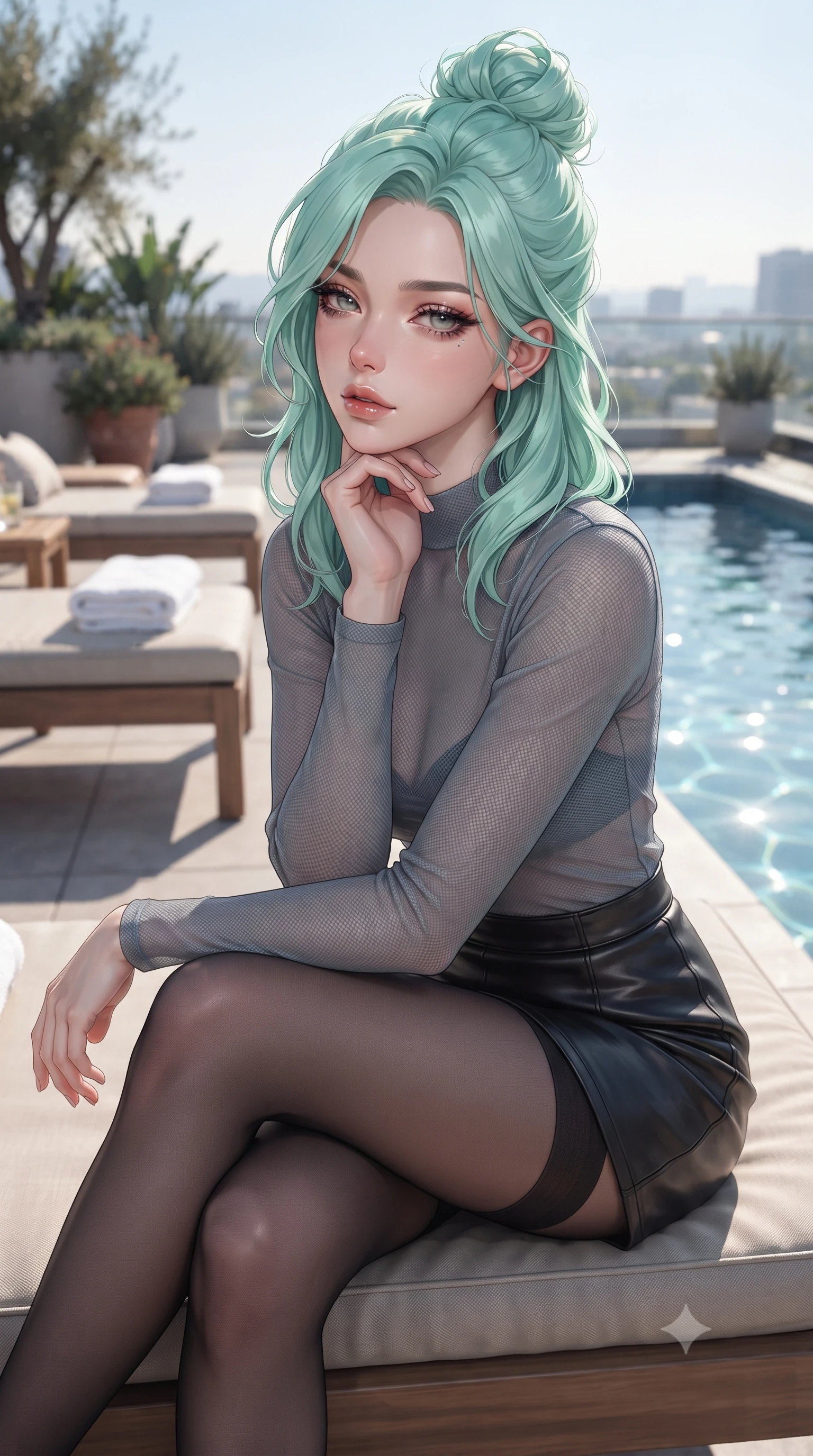 score_9, masterpiece, best quality, ultra-detailed, high-budget anime keyframe, editorial fashion photography, tasteful artistic composition, Japanese woman woman. close-up cowboy shot from the waist and thighs up, the character dominates the composition, filling the frame with her large presence, background elements kept in soft focus. resting her chin on the backs of her fingers, casting a heavy-lidded, sultry look past the camera the background shows a soft-focus a private rooftop pool with sunbeds and white towels, looking out at the city. She has an exceptionally elegant, slender, and willowy female figure with an ultra-slim waist, a gracefully sculpted slender torso, and a refined silhouette. sharp v-shaped jawline, high-bridge nose, intricate jewel-like eyes with depth, thick eyelashes, glossy lips with a natural sheen. wearing a tailored semi-transparent mesh top in slate grey, paired with a leather mini skirt and sheer stockings. bright afternoon sunbeams creating shimmering patterns in the blue pool water. ultra-reflective glossy finish, specular highlights, metallic sheen, high-contrast stereoscopic depth, volumetric dynamic lighting, 2k, ultra detail, master piece, 9:16 ratio