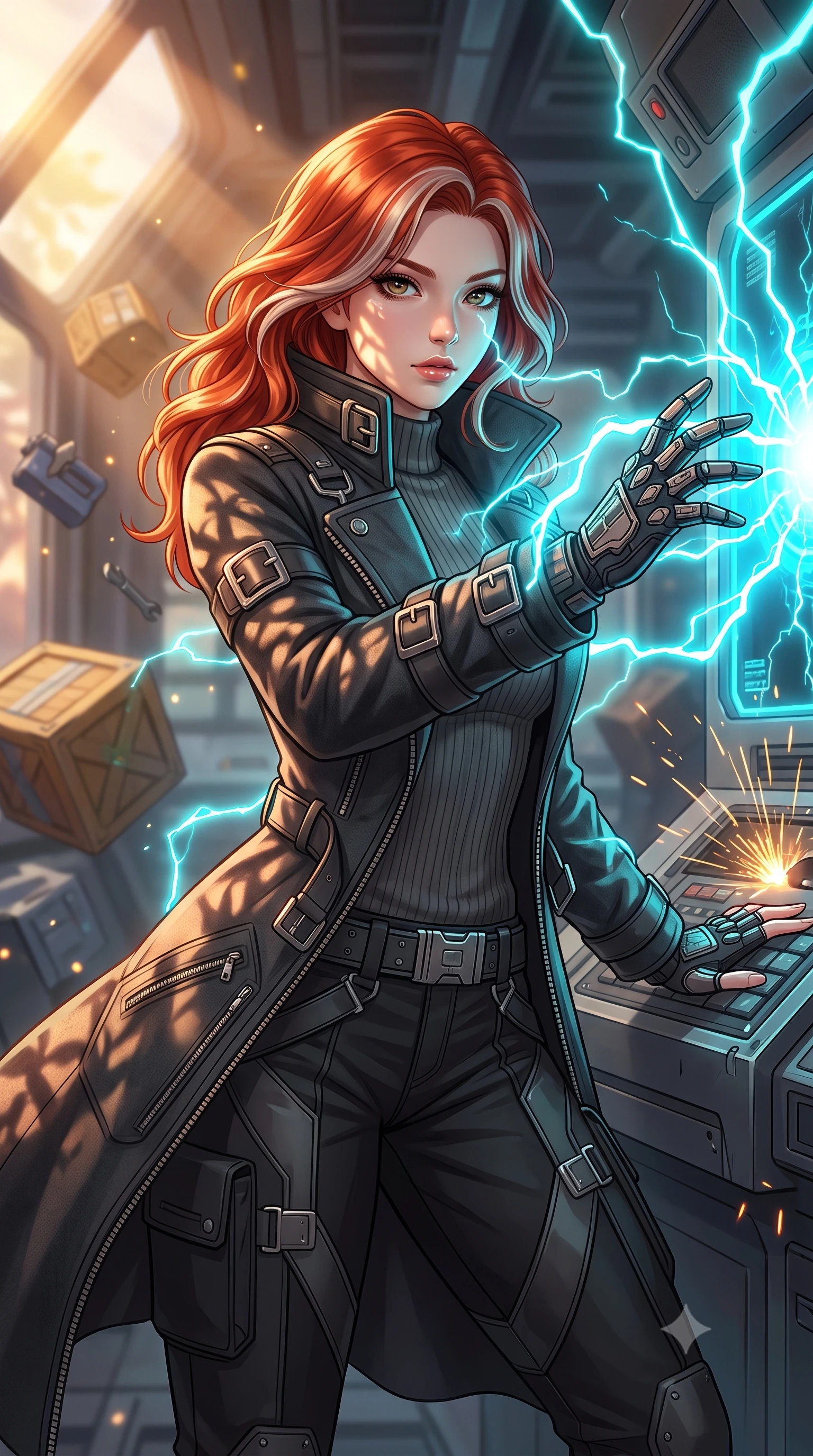 score_9, masterpiece, best quality, ultra-detailed, high-budget anime keyframe, editorial fashion photography, tasteful artistic composition, Caucasian woman, strictly human ears. close-up cowboy shot from the waist and thighs up, the character dominates the composition, filling the frame with her large presence, background elements kept in soft focus. Overloading the reactor core, her face illuminated by the bright cyan electrical energy arcing around her. set against a soft-focus background of a starship cargo bay with shipping crates floating in zero gravity, sparks flying from damaged door controls. She has an exceptionally elegant and slender, willowy female figure with an ultra-slim waist, a gracefully sculpted slender torso, and a refined slim physique. sharp v-shaped jawline, high-bridge nose, intricate jewel-like eyes with depth, thick eyelashes, glossy lips with a natural sheen. wearing tailored for maximum mobility, sleek form-contouring panels that allow fluid movement, a form-contouring heavy cyber-gothic wool coat with oversized metallic buckles and high collar, worn over a dark grey ribbed sweater and black utility pants. highly saturated vibrant anime colors, intense vivid color palette, soft 3D volumetric shading, volumetric dynamic lighting, warm golden afternoon sunbeams casting soft organic leaf shadows across her skin. 2k, ultra detail, master piece, 9:16 ratio