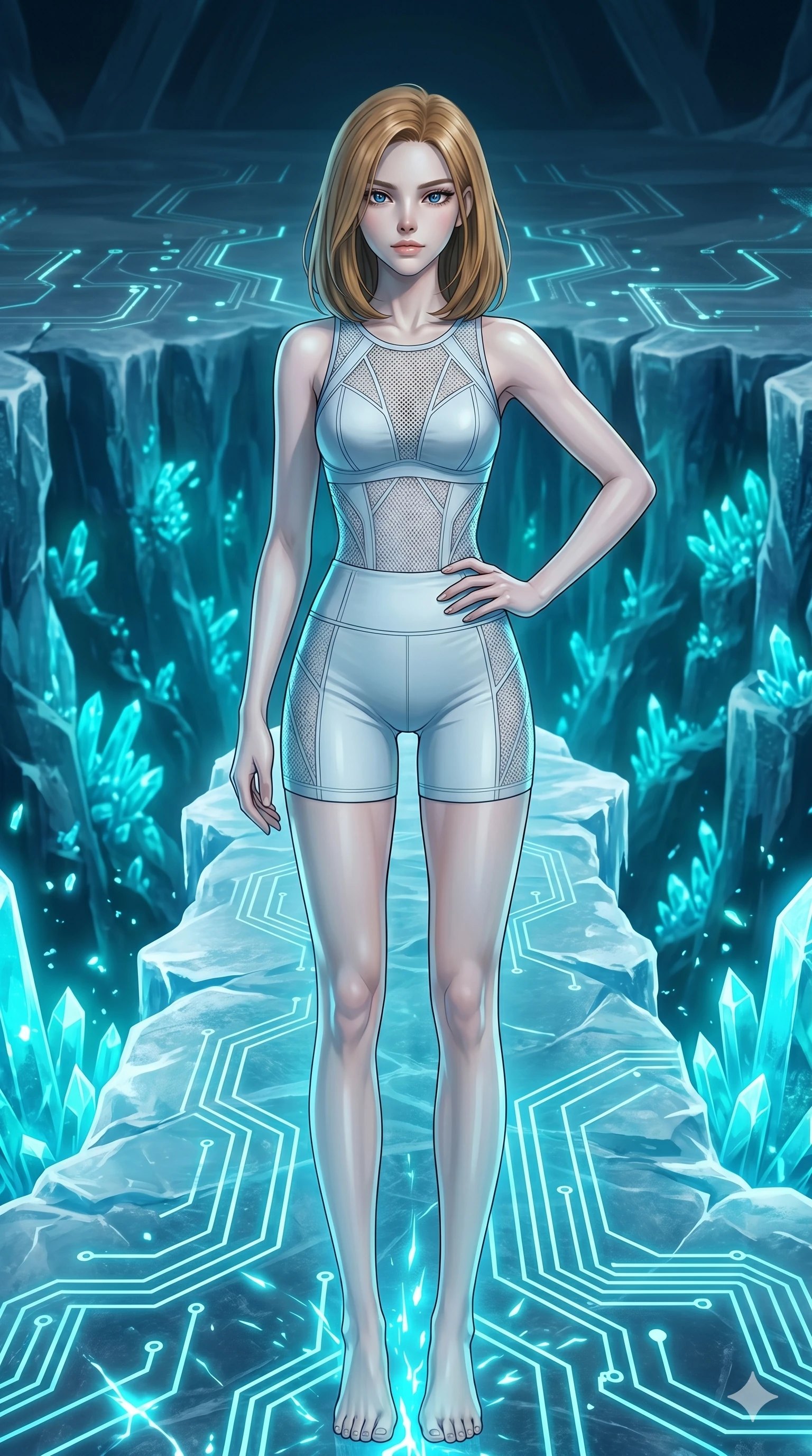 score_9, masterpiece, best quality, ultra-detailed, high-budget anime keyframe, editorial fashion photography, tasteful artistic composition, Korean woman. cowboy shot from the thighs up, character and outfit filling the frame for maximum editorial presence. Holding a confident power pose with one hand resting firmly on her hip, her shoulders squared on a bridge of solid ice spanning a chasm filled with glowing cyan crystals. She has an absolutely perfect 8-heads proportion, an exceptionally tall and slender female figure with impossibly long slender legs and an ultra-slim waist. V-shaped jawline, high-bridge nose, intricate jewel-like eyes with depth, thick eyelashes, glossy lips with a natural sheen. wearing a precision-fitted performance top with geometric mesh paneling, worn with high-waist compression shorts. lit by electric cyan sparks and glowing circuit paths from the floor, casting sharp under-lighting. 2k, ultra detail, master piece, 9:16 ratio