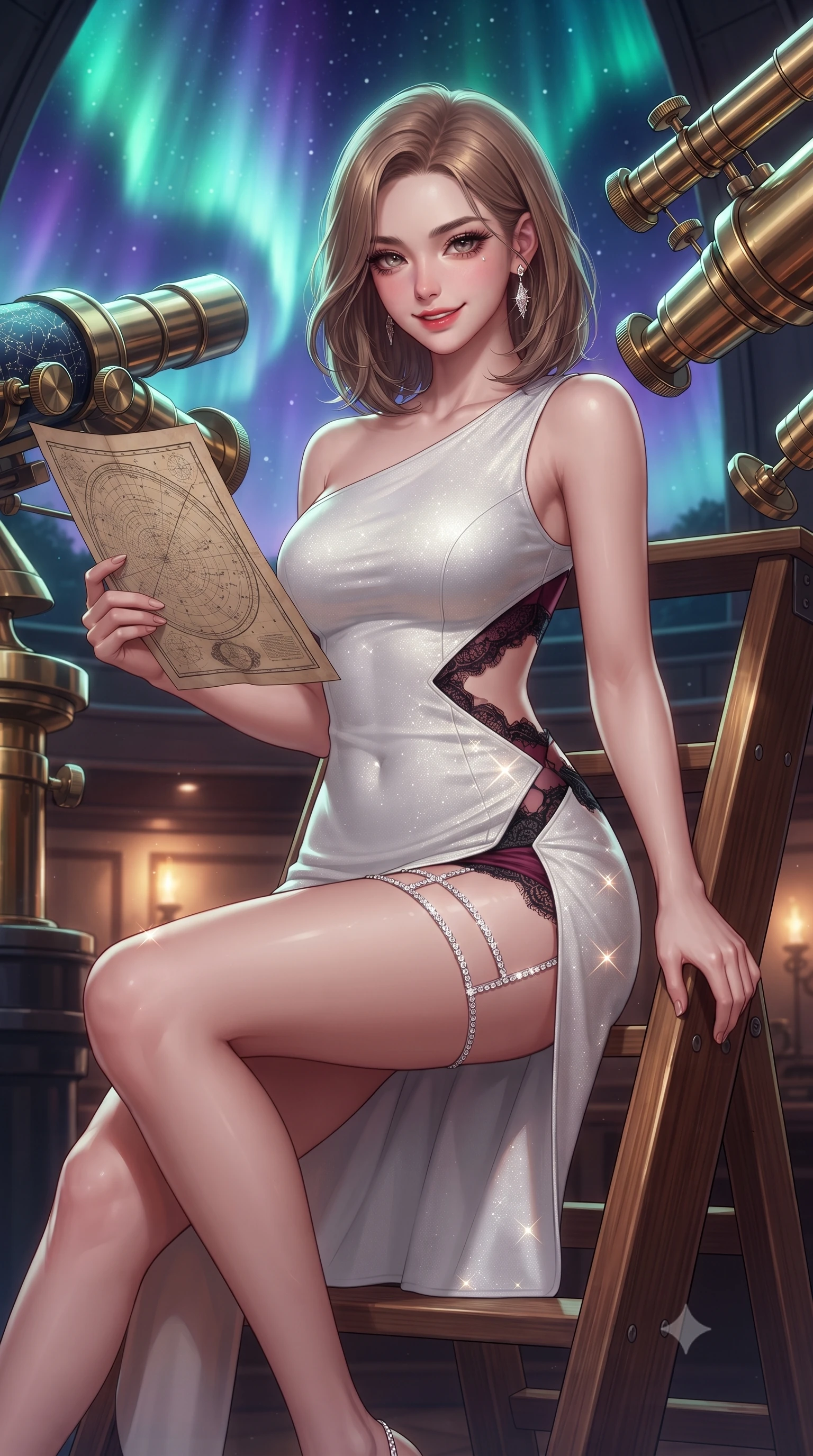 score_9, masterpiece, best quality, ultra-detailed, high-budget anime keyframe, editorial fashion photography, tasteful artistic composition, Korean woman. close-up cowboy shot from the waist and thighs up, the character dominates the composition, filling the frame with her large presence. tilting her head with a teasing half-smile, running one hand slowly down the side of her hip in a flirtatious S-curve as ambient light caresses her silhouette while sitting perched on the observatory wooden ladder with legs crossed, holding an antique star chart with effortless sovereign charm. The surrounding environment is rendered in vivid detail and crisp panoramic clarity: sharp polished brass telescope tube reflections, knurled adjustment knobs, and constellation chart engravings in deep focus. She has an exceptionally elegant, slender, and willowy female figure with an ultra-slim waist, flat toned midriff, narrow ribcage, and sculpted feminine hips creating an alluring, slim hourglass silhouette without bulk. sharp v-shaped jawline, high-bridge nose, sparkling eyes with hypnotic seductive depth, thick curled eyelashes, glossy parted lips with a natural dewy peach sheen, alluring bedroom-eyes with an enchanting coquettish smile, exuding magnetic siren charisma and sophisticated glamour, flawlessly proportioned anatomical accuracy, strict slender model proportions, natural body alignment, perfectly sculpted long slender limbs, ultra-slim waistline, clean dynamic posture without body distortion. wearing an asymmetric one-shoulder white neoprene mini dress with sharp laser-cut side openings framing her spine and hips in smoldering bordeaux wine and liquid gold with black chantilly lace, woven from stretch metallic lurex jersey casting radiant starlight glints across her silhouette, finished with delicate crystal-encrusted thigh garter straps glinting under the lights, the high-slit wrap tailoring accentuating her ultra-slim waistline and the enchanting curve of her feminine hips with alluring seductive charm. bathed in the glowing emerald and violet luminescence of the aurora borealis overhead. ultra-reflective glossy finish, specular highlights, rich textural contrasts, high-contrast stereoscopic depth, volumetric dynamic lighting, 2k, ultra detail, master piece, 9:16 ratio