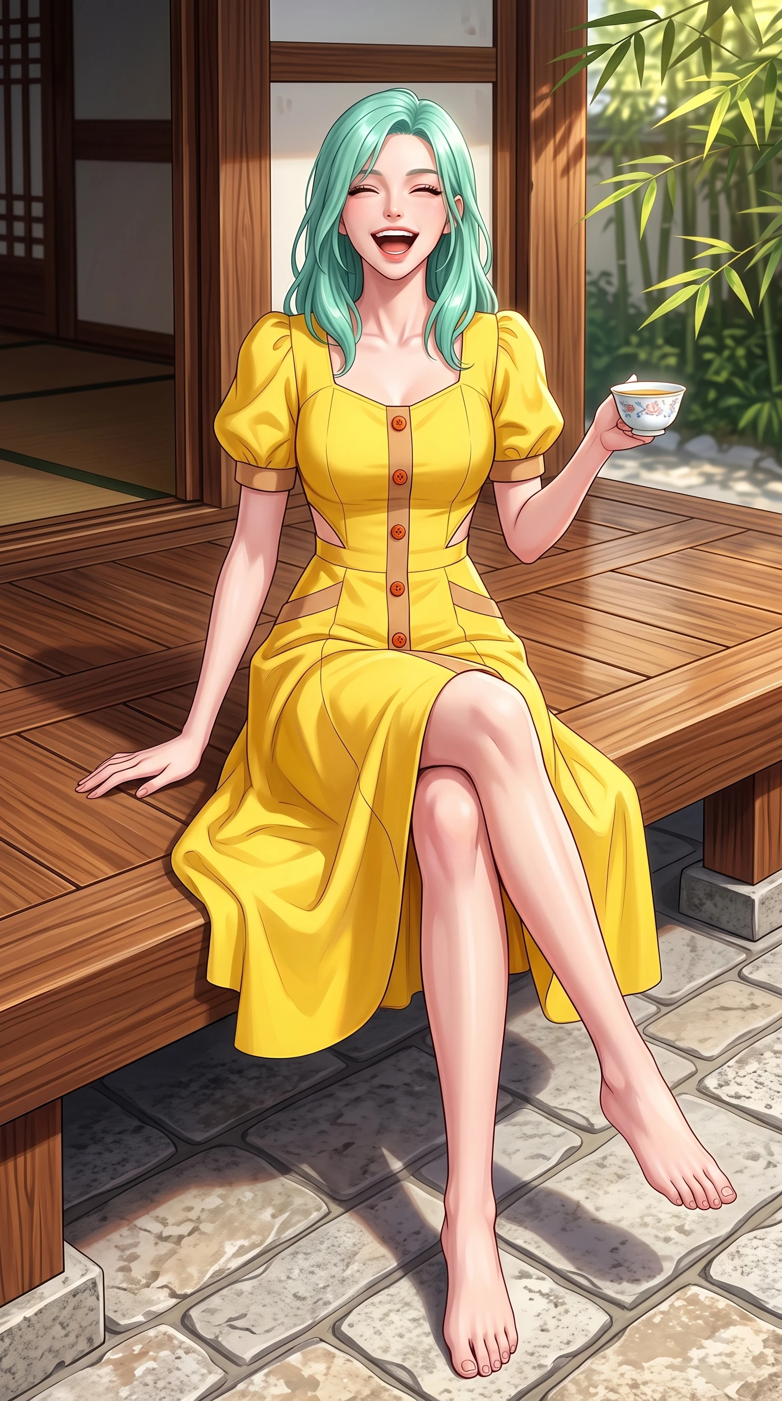 score_9, masterpiece, best quality, ultra-detailed, high-budget anime keyframe, editorial fashion photography, tasteful artistic composition, Japanese woman. low angle full-body shot from head to toe showing her feet, filling the entire 9:16 vertical frame with her statuesque presence, stretching her vertical silhouette. Ecstatic joyful laughter with eyes crinkling in pure delight and vibrant energy filling her dynamic posture while sitting on a polished wooden Hanok veranda holding a delicate porcelain tea cup. The surrounding environment is rendered in vivid detail and crisp panoramic clarity. polished wooden veranda grain, stone courtyard paving, and sunlit bamboo leaves in deep focus. She has an absolutely perfect, statuesque 8.5-heads proportion, an exceptionally tall and slender model-like female figure with impossibly long slender legs and an ultra-slim waist. sharp v-shaped jawline, high-bridge nose, intricate jewel-like eyes with depth, thick eyelashes, glossy lips with a natural sheen, flawlessly proportioned anatomical accuracy, natural body alignment, perfectly sculpted elegant limbs, clean dynamic posture without body distortion. wearing a bright canary yellow cotton sundress with short puff sleeves and wooden buttons in burnt orange and warm camel beige, crafted from smooth liquid silk satin, complemented by clean architectural seams and subtle cutouts, the sleek second-skin fit accentuating her magnetic presence. surrounded by a serene, elegant, and heritage fashion editorial aura. highly saturated vibrant anime colors, detailed shading with soft gradients, rich glossy textures, high-contrast stereoscopic depth, volumetric dynamic lighting, master piece, 9:16 ratio