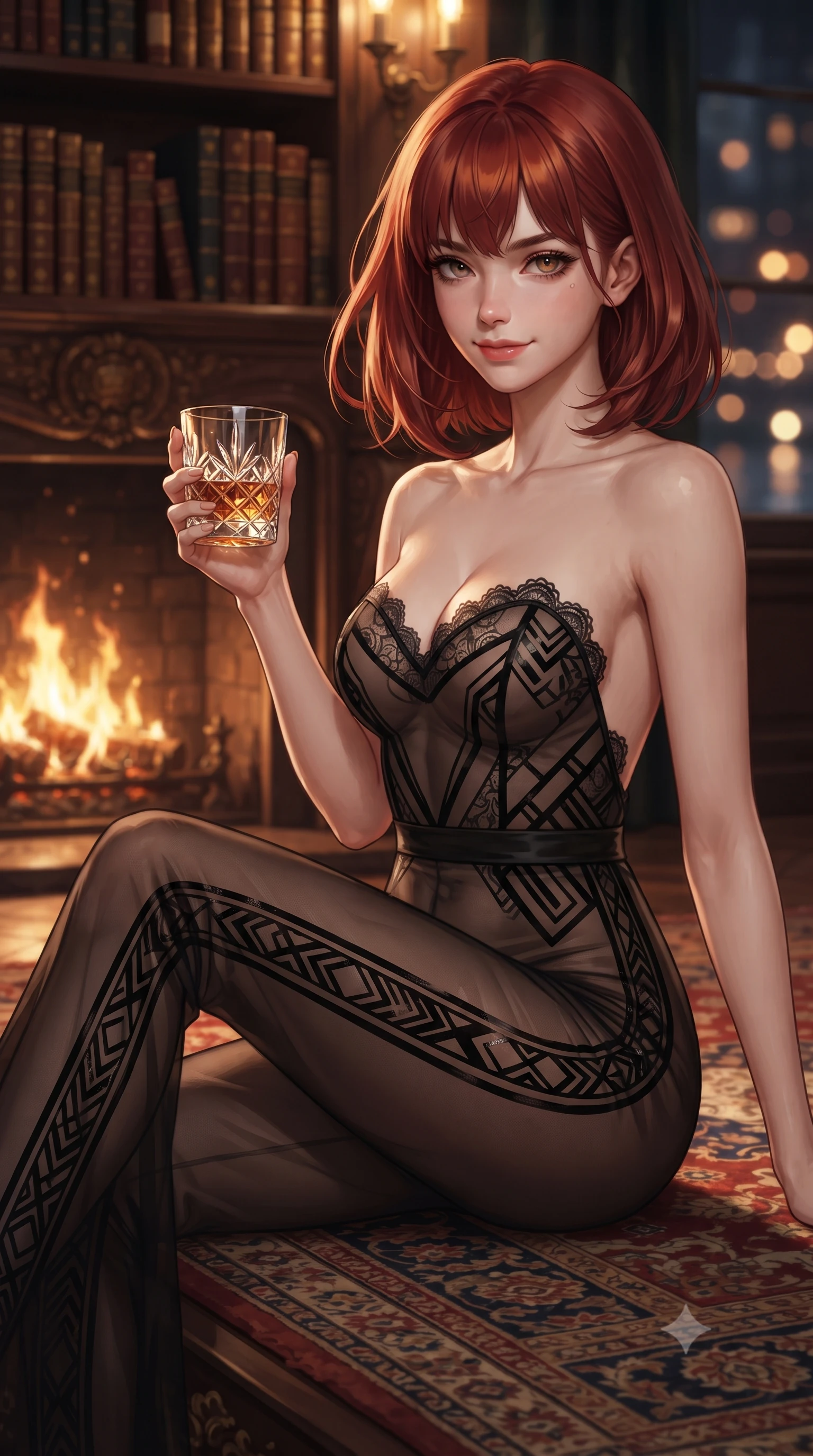 score_9, masterpiece, best quality, ultra-detailed, high-budget anime keyframe, editorial fashion photography, tasteful artistic composition, Caucasian woman. close-up cowboy shot from the waist and thighs up, the character dominates the composition, filling the frame with her large presence. turning slowly with an enchanting smoldering smile, her glossy hair tossing in the breeze as her hips angle gracefully in a captivating contrapposto while sitting poised on the plush Persian rug before the fireplace with legs crossed, holding a crystal glass with effortless magnetic allure. The background shows a soft-focus shelves of gilt-spined antique volumes, roaring hearth flames, and Seine water ripples outside blurred into mahogany, amber, and midnight blue bokeh. She has an exceptionally elegant, slender, and willowy female figure with an ultra-slim waist, flat toned midriff, narrow ribcage, and sculpted feminine hips creating an alluring, slim hourglass silhouette without bulk. sharp v-shaped jawline, high-bridge nose, intricate jewel-like sparkling eyes with depth, thick eyelashes, glossy parted lips with a natural peach sheen, bright cheerful beaming smile with an enchanting and coquettish sensual glint, exuding both youthful cute charm and seductive allure, flawlessly proportioned anatomical accuracy, strict slender model proportions, natural body alignment, perfectly sculpted long slender limbs, ultra-slim waistline, clean dynamic posture without body distortion. wearing a backless sheer illusion mesh jumpsuit with strategic geometric flocking tracing her long slender leg lines in Cheongdam modern noir black and molten gold, crafted from translucent silk organza with an ethereal crystalline sheen, finished with scalloped eyelash lace trim framing her sweetheart neckline with intimate elegance, the high-slit wrap tailoring accentuating her ultra-slim waistline and the enchanting curve of her feminine hips with alluring seductive charm. bathed in the rich chiaroscuro glow of natural dancing hearth firelight and warm library reading sconces. ultra-reflective glossy finish, specular highlights, rich textural contrasts, high-contrast stereoscopic depth, volumetric dynamic lighting, 2k, ultra detail, master piece, 9:16 ratio