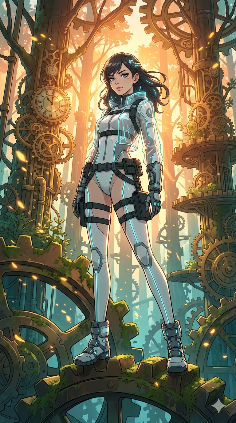 score_9, masterpiece, best quality, ultra-detailed, High-budget Anime Keyframe, beautiful Caucasian anime girl (strictly human ears). Dynamic full-body shot stretching the vertical silhouette with her statuesque presence. Standing on a giant gear in a clockwork forest at sunrise. She has an absolutely perfect 8-heads proportion, an exceptionally tall and slender female figure with impossibly long slender legs and an ultra-slim waist. Sharp v-shaped jawline, high-bridge nose, intricate jewel-like eyes with depth, thick eyelashes, glossy lips with a natural sheen. Wearing a Tech-Fantasy outfit: ivory cybernetic tech-suit with glowing seams, translucent PVC over leotard, modular tactical gear. Background is a bright and colorful environment with cinematic lighting, dynamic particle effects, and high-contrast shadows. 2k, ultra detail, master piece, 9:16 ratio