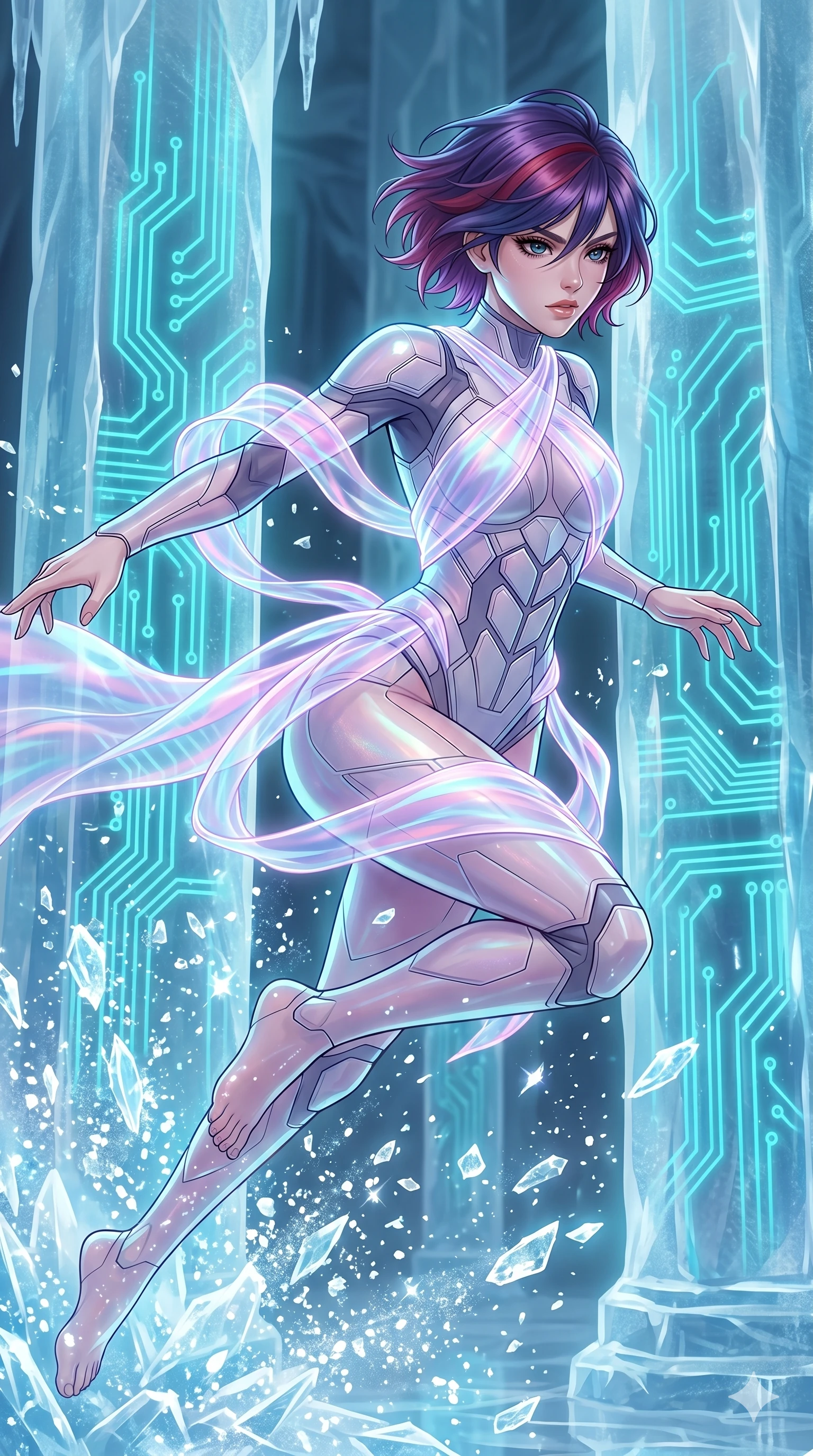 score_9, masterpiece, best quality, ultra-detailed, high-budget anime keyframe, Caucasian woman, strictly human ears. upper body close-up from the thighs up, character filling the screen for maximum presence. leaping inside a sub-zero cybernetic ice temple, where glowing neon cyan computer circuit boards are frozen within translucent ice pillars, fracturing ice crystals into sparkles around her. She has an absolutely perfect 8-heads proportion, an exceptionally tall and slender female figure with impossibly long slender legs and an ultra-slim waist. V-shaped jawline, high-bridge nose, intricate jewel-like eyes with depth, thick eyelashes, glossy lips with a natural sheen.. wearing a cybernetic bodysuit with a holographic ribbon, featuring a precision-fitted structured bodysuit wrapped in a translucent flowing holographic organza ribbon. enhanced by a luminous pastel spectrum glow, casting elegant rim lights on her shoulders and jawline. 2k, ultra detail, master piece, 9:16 ratio