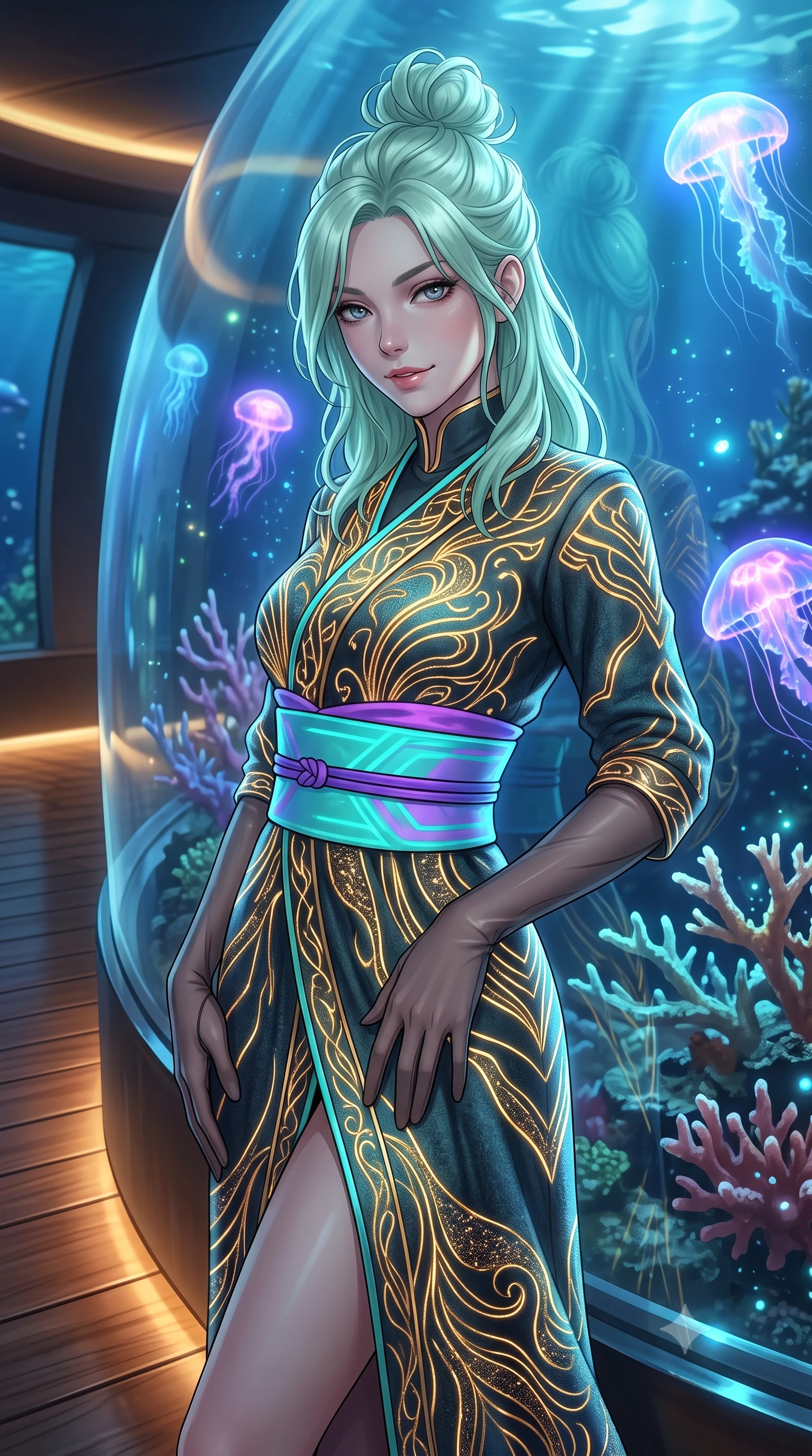 score_9, masterpiece, best quality, ultra-detailed, high-budget anime keyframe, editorial fashion photography, tasteful artistic composition, Japanese woman. close-up cowboy shot from the waist and thighs up, the character dominates the composition, filling the frame with her large presence. tilting her head with a teasing half-smile, running one hand slowly down the side of her hip in a flirtatious S-curve as ambient light caresses her silhouette while leaning against the panoramic domed acrylic wall with hips cocked back, watching luminescent neon jellyfish pulse through coral branches with smoldering bedroom-eyes. The surrounding environment is rendered in vivid detail and crisp panoramic clarity: sharp coral polyps, polished teak deck planking, and crystal-clear dome acrylic bevels in deep focus. She has an exceptionally elegant, slender, and willowy female figure with an ultra-slim waist, flat toned midriff, narrow ribcage, and sculpted feminine hips creating an alluring, slim hourglass silhouette without bulk. sharp v-shaped jawline, high-bridge nose, intricate jewel-like sparkling eyes with depth, thick eyelashes, glossy parted lips with a natural peach sheen, bright cheerful beaming smile with an enchanting and coquettish sensual glint, exuding both youthful cute charm and seductive allure, flawlessly proportioned anatomical accuracy, strict slender model proportions, natural body alignment, perfectly sculpted long slender limbs, ultra-slim waistline, clean dynamic posture without body distortion. wearing an elegant high-neck cyber-kimono coat with integrated gold fiber-optic embroidery and wide obi belt in Cheonggyecheon neon aqua and ultraviolet amethyst, crafted from bespoke double-faced cashmere with an exceptionally soft tactile finish, complemented by sheer opera-length evening gloves tracing her slender arms, the impeccably tailored cut draping gracefully along her slender figure with aristocratic poise. bathed in the glowing natural fluorescence of deep corals combined with warm 2500K interior recessed cove lighting. ultra-reflective glossy finish, specular highlights, rich textural contrasts, high-contrast stereoscopic depth, volumetric dynamic lighting, 2k, ultra detail, master piece, 9:16 ratio