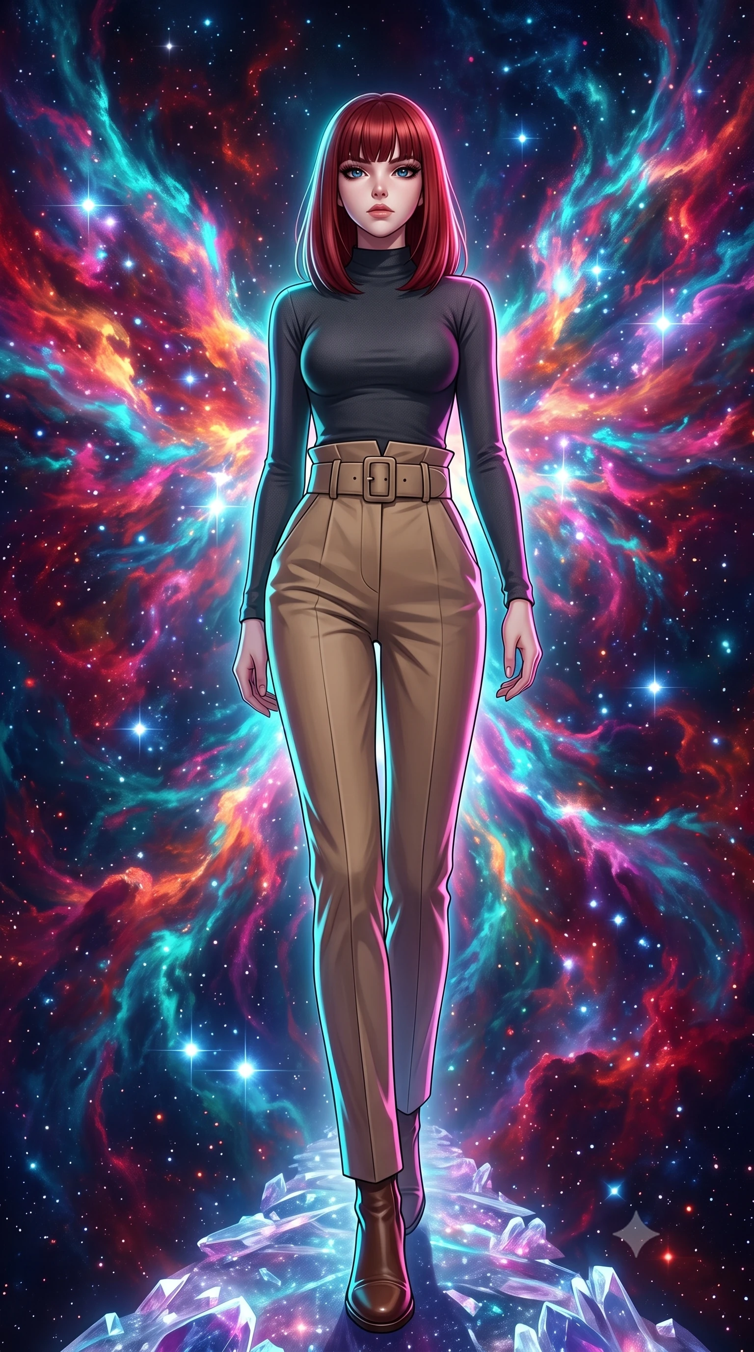 score_9, masterpiece, best quality, ultra-detailed, high-budget anime keyframe, editorial fashion photography, tasteful artistic composition, Caucasian woman, strictly human ears. low angle full-body shot from head to toe showing her feet, filling the entire 9:16 vertical frame with her statuesque presence, stretching her vertical silhouette. striding with confident determination through inside a spectacular nebula naturally shaped like a cosmic phoenix where dying red giant stars shed their outer layers in explosive color birthing brilliant new blue-white stars in cascading chain reactions. She has a statuesque 8.5-heads proportion, an exceptionally tall, slender and willowy model-like build with impossibly long legs and a highly sculpted ultra-slim waist. sharp v-shaped jawline, high-bridge nose, intricate jewel-like eyes with depth, thick eyelashes, glossy lips with a natural sheen. wearing a fitted mock-neck jersey top in charcoal, tucked into high-waisted tailored khaki trousers with a wide belt. brilliant cinematic volumetric lighting with intense neon rim light outlining her form. 2k, ultra detail, master piece, 9:16 ratio