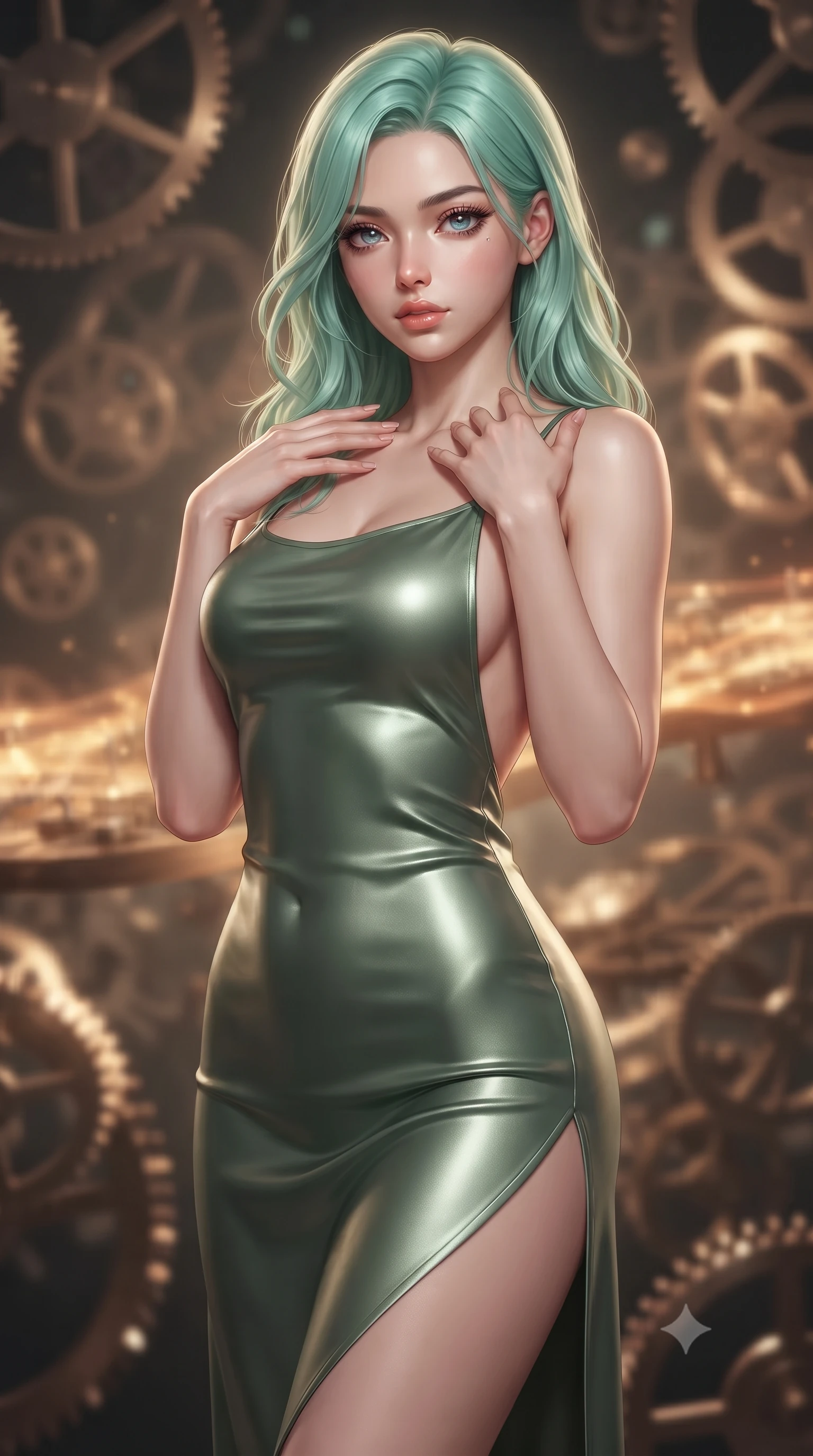 score_9, masterpiece, best quality, ultra-detailed, high-budget anime keyframe, editorial fashion photography, tasteful artistic composition, Japanese woman. close-up cowboy shot from the waist and thighs up, the character dominates the composition, filling the frame with her large presence, background elements kept in soft focus. standing in a relaxed, elegant posture with both hands resting lightly on her collarbone, looking at the viewer with bedroom-eyes, the background shows a soft-focus an unstable clockwork bridge suspended in a pocket dimension of floating watch gears. She has an exceptionally elegant, slender, and willowy female figure with an ultra-slim waist, a gracefully sculpted slender torso, and a refined silhouette. sharp v-shaped jawline, high-bridge nose, intricate jewel-like eyes with depth, thick eyelashes, glossy lips with a natural sheen. wearing a slim-fit lightweight silk combat slip dress in sage green, featuring a high side slit and a low-cut back. rhythmic pulses of amber chrono-energy waves casting a slow, warm glow. ultra-reflective glossy finish, specular highlights, metallic sheen, high-contrast stereoscopic depth, volumetric dynamic lighting, 2k, ultra detail, master piece, 9:16 ratio