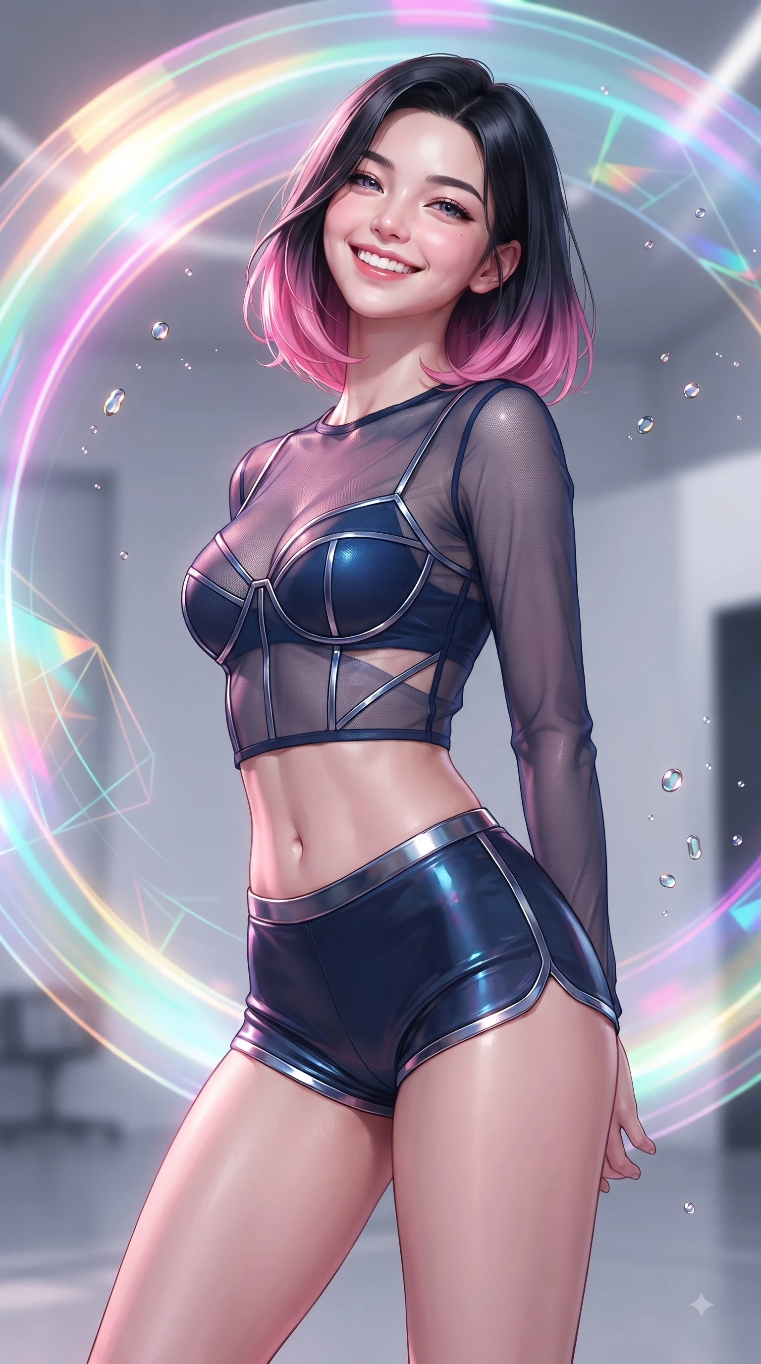 score_9, masterpiece, best quality, ultra-detailed, high-budget anime keyframe, editorial fashion photography, tasteful artistic composition, Korean woman. close-up cowboy shot from the waist and thighs up, the character dominates the composition, filling the frame with her large presence, background elements kept in soft focus. Tilting her chin up with a beaming smile of pure delight while balancing dynamically amidst the scene while poised in a playful stance before a giant holographic canvas emitting luminous color arcs, paint droplets catching sharp specular highlights as she turns with a beaming smile. She has an exceptionally elegant, slender, and willowy female figure with an ultra-slim waist, a gracefully sculpted slender torso, and a refined silhouette. sharp v-shaped jawline, high-bridge nose, intricate jewel-like eyes with depth, thick eyelashes, glossy lips with a natural sheen, flawlessly proportioned anatomical accuracy, natural body alignment, perfectly sculpted elegant limbs, clean dynamic posture without body distortion. wearing a delicate see-through mesh top with structured cup boning and micro-shorts in midnight navy blue and chrome trim, woven from fine semi-opaque sheer organza, featuring subtle geometric cutouts that highlight her ultra-slim midriff, the tailored fabric tightly following every curve of her athletic build. surrounded by a radiant glow of magenta, aqua, and golden fluid highlights. ultra-reflective glossy finish, specular highlights, metallic sheen, high-contrast stereoscopic depth, volumetric dynamic lighting, 2k, ultra detail, master piece, 9:16 ratio