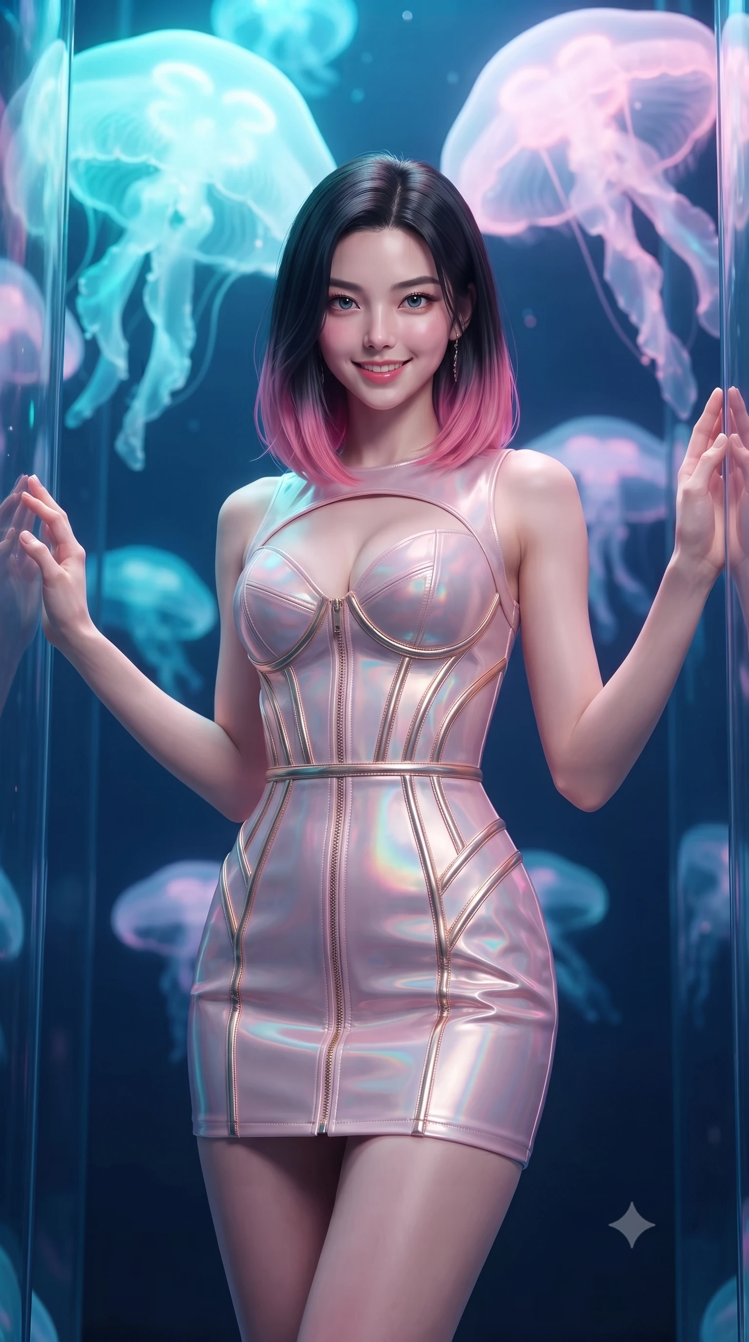 score_9, masterpiece, best quality, ultra-detailed, high-budget anime keyframe, editorial fashion photography, tasteful artistic composition, Korean woman. close-up cowboy shot from the waist and thighs up, the character dominates the composition, filling the frame with her large presence, background elements kept in soft focus. Smiling with quiet, magnetic self-assurance directly into the camera, navigating a glass-walled celestial dome as giant bioluminescent opal jellyfish drift overhead, dramatic contrast of luminous pastel creatures against a serene deep blue background. She has an exceptionally elegant, slender, and willowy female figure with an ultra-slim waist, a gracefully sculpted slender torso, and a refined silhouette. sharp v-shaped jawline, high-bridge nose, intricate jewel-like eyes with depth, thick eyelashes, glossy lips with a natural sheen. wearing architectural cut-out pale pink leather mini dress with sculpted gold boning in radiant platinum, made of iridescent hologram organza, finished with metallic gold boning and sleek zipper points, sculpting her athletic slender build with refined precision. bathed in iridescent cyan and rose-pink light filtering through translucent jellyfish. ultra-reflective glossy finish, specular highlights, metallic sheen, high-contrast stereoscopic depth, volumetric dynamic lighting, 2k, ultra detail, master piece, 9:16 ratio
