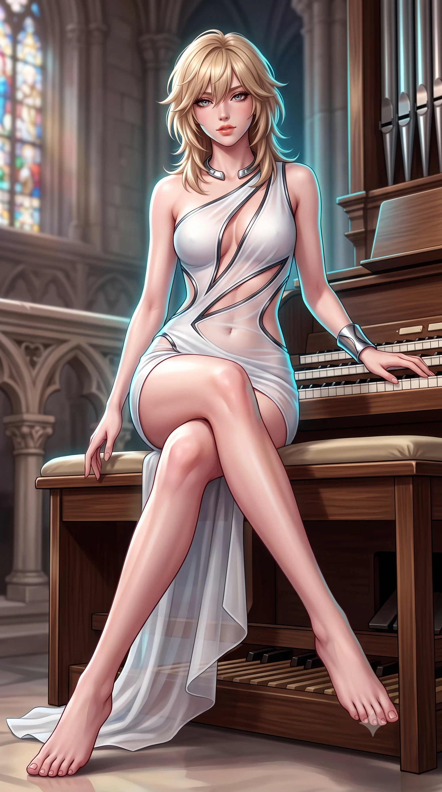 score_9, masterpiece, best quality, ultra-detailed, high-budget anime keyframe, semi-realistic 3D game render, editorial fashion photography, tasteful artistic composition, Japanese woman. low angle full-body shot from head to toe showing her feet, filling the entire 9:16 vertical frame with her statuesque presence, stretching her vertical silhouette. lounging on the lavish daybed with legs crossed and hips angled toward the camera, displaying her toned midriff and long slender limbs with effortless siren poise while perched sideways on the organ bench with legs extended, resting one hand on the ivory keys with effortless dark-romance cool. The background shows a soft-focus carved gallery balustrades softened in sacred gothic cathedral shallow focus. She has an absolutely perfect, statuesque 8.5-heads proportion, an exceptionally tall and slender model-like female figure with impossibly long slender legs, an ultra-slim waist, a flat toned midriff, narrow delicate ribcage, and beautifully sculpted feminine hips creating a graceful, slim hourglass silhouette without any bulky heaviness. sharp v-shaped jawline, high-bridge nose, sparkling eyes with hypnotic seductive depth, thick curled eyelashes, glossy parted lips with a natural dewy peach sheen, alluring bedroom-eyes with an enchanting coquettish smile, exuding magnetic siren charisma and sophisticated glamour, flawlessly proportioned anatomical accuracy, strict slender model proportions, natural body alignment, perfectly sculpted long slender limbs, ultra-slim waistline, clean dynamic posture without body distortion. wearing an asymmetric one-shoulder white neoprene mini dress with sharp laser-cut side openings framing her spine and hips in molten liquid silver and midnight charcoal with platinum highlights, made of sheer gossamer chiffon that drapes softly against skin with airy translucence, finished with a sculptural silver torque collar and a matching wide architectural wrist cuff, the second-skin tailored fabric adhering flawlessly to her sculpted flat midriff and slender torso, emphasizing her long leg lines and perfectly proportioned willowy build. illuminated by tin pipe specular reflections and sharp electric-cyan rim lights sculpting her jawline, narrow waist, and curvy hips. highly saturated vibrant anime colors, detailed shading with soft gradients, rich glossy textures, high-contrast stereoscopic depth, volumetric dynamic lighting, master piece, 9:16 ratio
