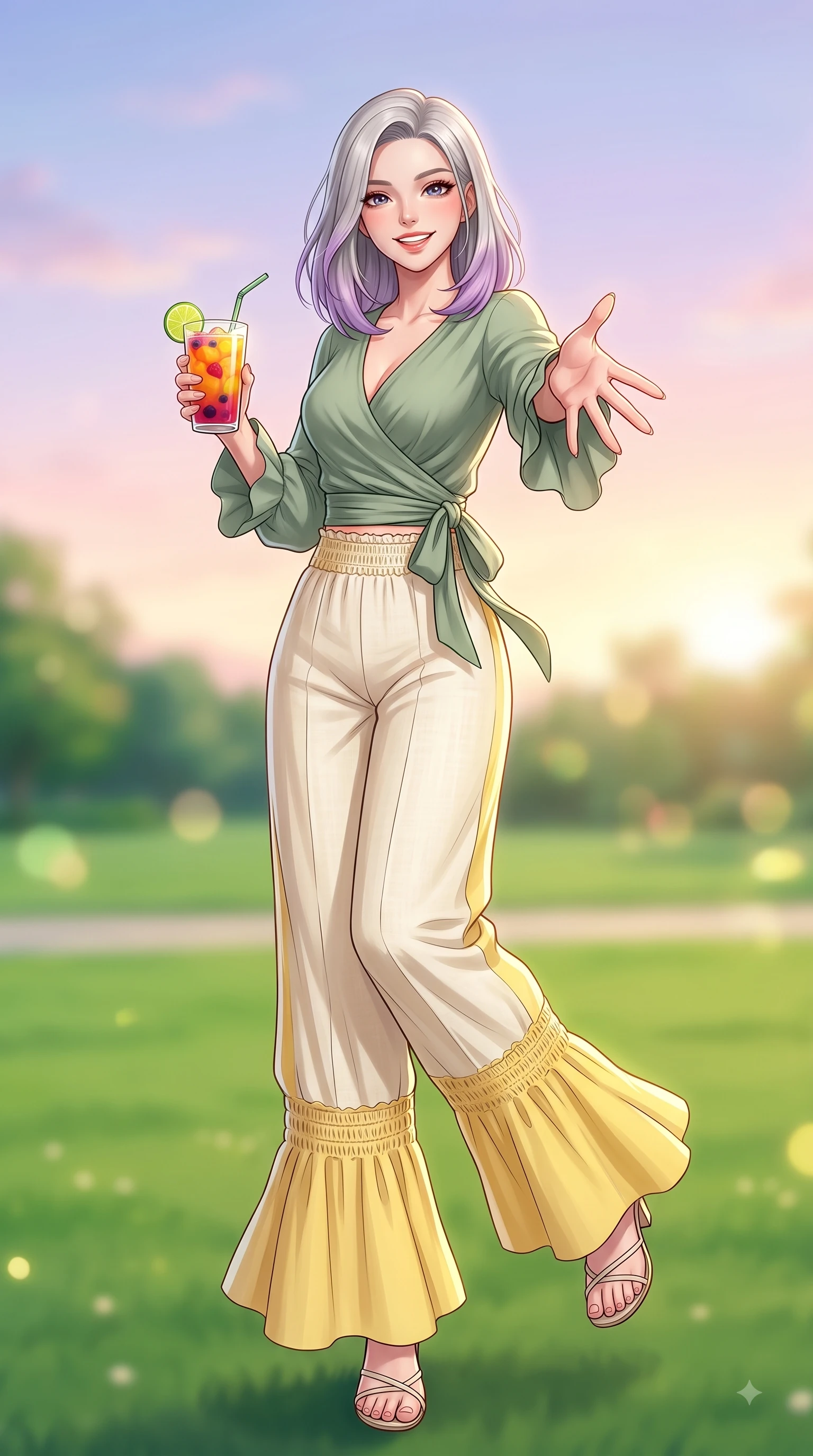 score_9, masterpiece, best quality, ultra-detailed, high-budget anime keyframe, editorial fashion photography, tasteful artistic composition, Caucasian woman. low angle full-body shot from head to toe showing her feet, filling the entire 9:16 vertical frame with her statuesque presence, stretching her vertical silhouette. performing a cheerful mid-motion turn with flawless poise, her radiant smile capturing fresh girlhood energy while reaching one hand out playfully toward the camera holding a refreshing fruit drink with a sweet grin. The composition keeps background elements in soft focus with dreamy bokeh. green park lawns and soft sunset sky gradients blurred smoothly behind her radiant figure. She has an absolutely perfect, statuesque 8.5-heads proportion, an exceptionally tall and slender model-like female figure with impossibly long slender legs and an ultra-slim waist. sharp v-shaped jawline, high-bridge nose, intricate jewel-like eyes with depth, thick eyelashes, glossy lips with a natural sheen, flawlessly proportioned anatomical accuracy, natural body alignment, perfectly sculpted elegant limbs, clean dynamic posture without body distortion. wearing an elegant sage green wrap blouse with wide-leg cream linen trousers in bright butter yellow and fresh cream white, made of comfortable premium stretch denim and soft jersey, accented with soft smocked details and fluttery cuffs, the relaxed yet flattering fit accentuating her naturally graceful and slender figure. surrounded by a serene, uplifting, and romantic park ambiance. highly saturated vibrant anime colors, detailed shading with soft gradients, rich glossy textures, high-contrast stereoscopic depth, volumetric dynamic lighting, master piece, 9:16 ratio