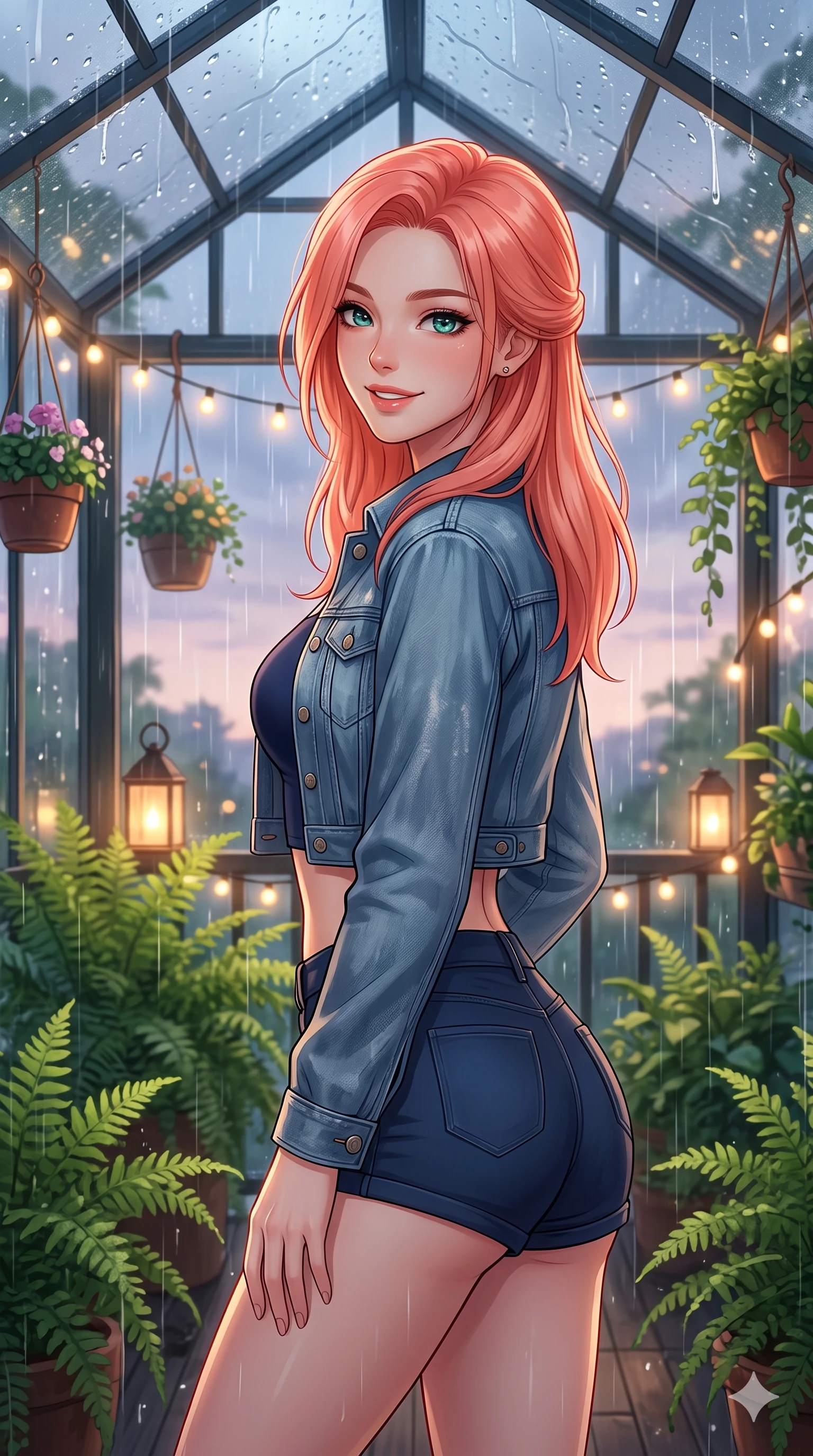 score_9, masterpiece, best quality, ultra-detailed, high-budget anime keyframe, vibrant anime aesthetic, Japanese woman. close-up cowboy shot from the waist and thighs up, the character dominates the composition, filling the frame with her large presence, background elements kept in soft focus. She is posing near glass greenhouse panels, smiling delightfully over her shoulder, gazing softly at the camera lens standing amidst vibrant green ferns. on a glass-roofed balcony decorated with hanging flower pots and warm fairy lights, under a steady rainfall (Code-P22-098). She has an absolutely perfect proportion, an exceptionally elegant and slender female figure with an ultra-slim waist. V-shaped jawline, high-bridge nose, intricate jewel-like eyes with depth, thick eyelashes, glossy lips with a natural sheen. wearing a cropped denim jacket over a fitted crop top and short-shorts in midnight blue. She is bathed in soft twilight glow mixed with warm lantern lights, highlighting her V-shaped jawline inside the glass pavilion. 2k, ultra detail, master piece, 9:16 ratio