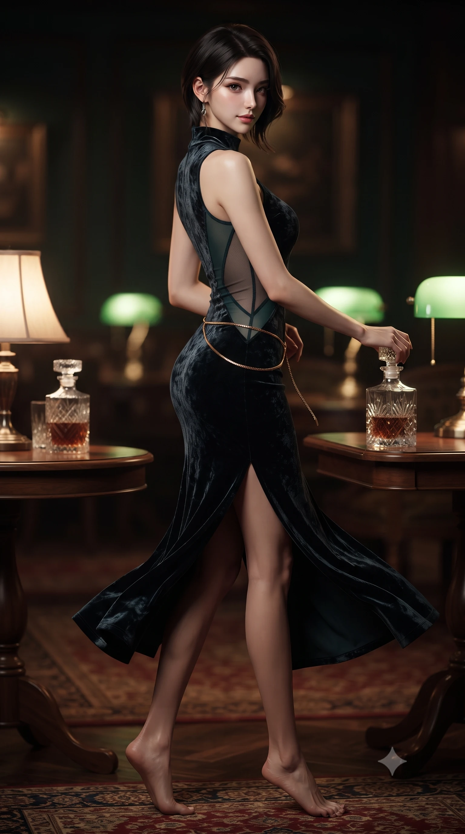 score_9, masterpiece, best quality, ultra-detailed, high-budget anime keyframe, editorial fashion photography, tasteful artistic composition, Korean woman. low angle full-body shot from head to toe showing her feet, filling the entire 9:16 vertical frame with her statuesque presence, stretching her vertical silhouette. executing a slow, elegant turn as her liquid gown flutters around her slender legs, glancing over her shoulder with an intoxicating, seductive bedroom-gaze while twisting her slender torso in an alluring S-curve while reaching for a vintage crystal decanter, her dark tailored fit highlighting her hourglass curves. The composition keeps background elements in soft focus with dreamy creamy bokeh. vintage Persian rugs and glowing green-bankers lamps softened in exclusive club shallow focus. She has an exceptionally tall and slender model-like 8.5-heads proportion, an ultra-slim waist, a flat toned midriff, narrow delicate ribcage, and beautifully sculpted feminine hips creating a graceful, slim hourglass silhouette without any bulky heaviness, with impossibly long slender legs. sharp v-shaped jawline, high-bridge nose, intricate jewel-like dark sparkling eyes with dangerous depth, thick curled eyelashes, glossy parted lips with a rich wine sheen, smoldering seductive half-smile with bedroom-eyes, exuding effortless superiority and intoxicating dark allure, flawlessly proportioned anatomical accuracy, strict slender model proportions, natural body alignment, perfectly sculpted long slender limbs, ultra-slim waistline, clean dynamic posture without body distortion. wearing a high-neck sleeveless bodycon dress in textured matte obsidian with side-torso semi-sheer mesh inserts in deep forest teal and dark gunmetal, tailored from crushed dark velvet with deep light-absorbing plush texture, finished with a delicate gold snake chain belt resting loosely across her curvy hips, the form-fitting cut adhering flawlessly to her sculpted flat midriff and slender torso, emphasizing her long leg lines and perfectly proportioned willowy build. bathed in soft warm table lamp ambient fill and deep atmospheric shadow tones. ultra-reflective glossy finish, specular highlights, rich textural contrasts, high-contrast stereoscopic depth, volumetric dynamic lighting, 2k, ultra detail, master piece, 9:16 ratio