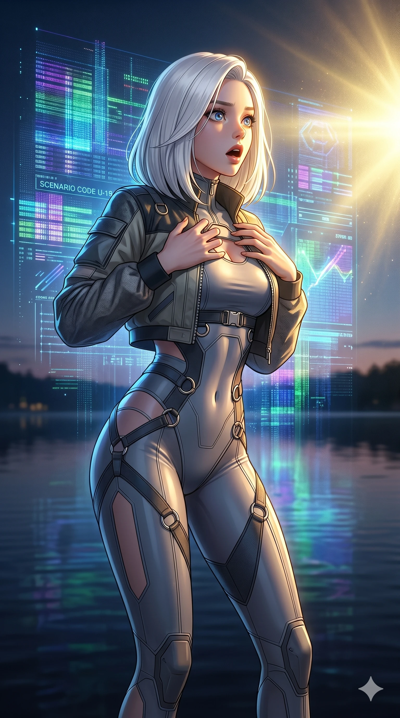 score_9, masterpiece, best quality, ultra-detailed, high-budget anime keyframe, editorial fashion photography, tasteful artistic composition, Korean woman. cowboy shot from the thighs up, character and outfit filling the frame for maximum editorial presence. staring at the source of light with a stunned, breathless look, her chest rising and falling rapidly by a quiet lakeside when a giant digital projection appears on the water (Scenario Code U-19). She has an absolutely perfect 8-heads proportion, an exceptionally tall and slender female figure with impossibly long slender legs and an ultra-slim waist. V-shaped jawline, high-bridge nose, intricate jewel-like eyes with depth, thick eyelashes, glossy lips with a natural sheen. wearing an asymmetric crop jacket over a tight micro-sleek one-piece suit with metallic ring hardware. drenched in a sharp golden key light that highlights her surprised facial expression. 2k, ultra detail, master piece, 9:16 ratio