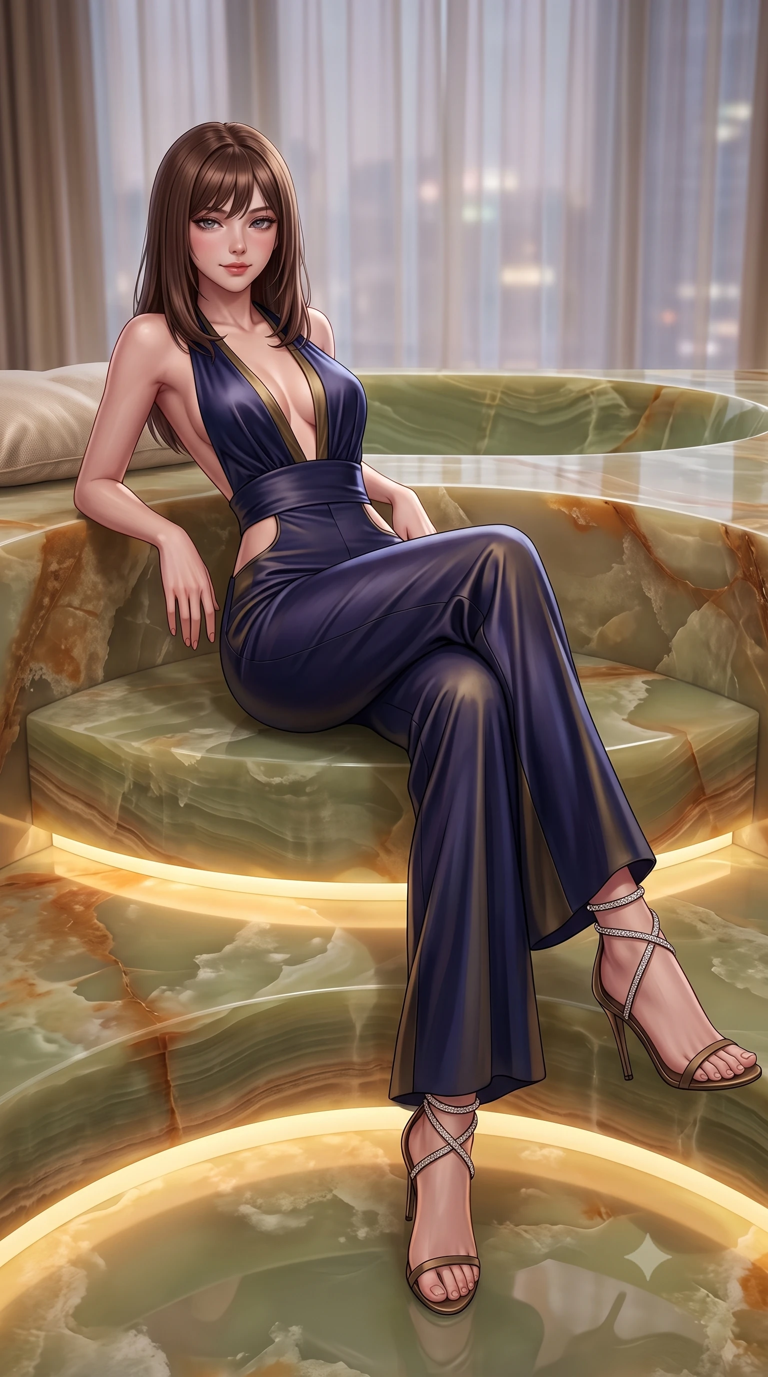 score_9, masterpiece, best quality, ultra-detailed, high-budget anime keyframe, semi-realistic 3D game render, editorial fashion photography, tasteful artistic composition, Korean woman. low angle full-body shot from head to toe showing her feet, filling the entire 9:16 vertical frame with her statuesque presence, stretching her vertical silhouette. lounging on the lavish daybed with legs crossed and hips angled toward the camera, displaying her toned midriff and long slender limbs with effortless siren poise while reclining inside the monumental sunken green onyx soaking tub, arching her spine with seductive indulgence against the warm polished stone rim. The background shows a soft-focus sheer silk window drapes softened in haute private master suite shallow focus. She has an absolutely perfect, statuesque 8.5-heads proportion, an exceptionally tall and slender model-like female figure with impossibly long slender legs, an ultra-slim waist, a flat toned midriff, narrow delicate ribcage, and beautifully sculpted feminine hips creating a graceful, slim hourglass silhouette without any bulky heaviness. sharp v-shaped jawline, high-bridge nose, sparkling eyes with hypnotic seductive depth, thick curled eyelashes, glossy parted lips with a natural dewy peach sheen, alluring bedroom-eyes with an enchanting coquettish smile, exuding magnetic siren charisma and sophisticated glamour, flawlessly proportioned anatomical accuracy, strict slender model proportions, natural body alignment, perfectly sculpted long slender limbs, ultra-slim waistline, clean dynamic posture without body distortion. wearing a backless plunge-front silk satin jumpsuit with fluid wide-leg silhouette and side hip cutouts in Austrian opera midnight indigo and antique brass, woven from buttery-soft stretch lambskin leather adhering to her body like a second skin, complemented by strappy stiletto sandals with crystal ankle wraps accentuating her slender calves, the high-slit wrap tailoring accentuating her ultra-slim waistline and the enchanting curve of her feminine hips with alluring seductive charm. bathed in soft 2700K concealed warm LED cove lighting beneath the stepped onyx platform mixed with exterior city ambient fill. highly saturated vibrant anime colors, detailed shading with soft gradients, rich glossy textures, high-contrast stereoscopic depth, volumetric dynamic lighting, master piece, 9:16 ratio