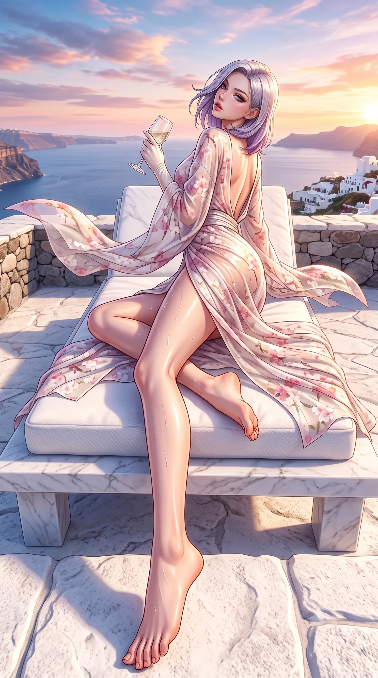 score_9, masterpiece, best quality, ultra-detailed, high-budget anime keyframe, semi-realistic 3D game render, editorial fashion photography, tasteful artistic composition, Caucasian woman. low angle full-body shot from head to toe showing her feet, filling the entire 9:16 vertical frame with her statuesque presence, stretching her vertical silhouette. executing an elegant mid-motion pivot turn as garments swirl around her slender limbs, glancing over her shoulder with an intoxicating bedroom-gaze while reclining languidly on a white stone sunbed with one knee raised, head tilted back toward the pastel Aegean skies with parted lips. The surrounding environment is rendered in vivid detail and crisp panoramic clarity. breathtaking high-key Greek island chiaroscuro and luxurious caldera retreat aesthetics in precision. She has an exceptionally tall and slender model-like 8.5-heads proportion, an ultra-slim waist, a flat toned midriff, narrow delicate ribcage, and beautifully sculpted feminine hips creating a graceful, slim hourglass silhouette without any bulky heaviness, with impossibly long slender legs. sharp v-shaped jawline, high-bridge nose, intricate jewel-like eyes with depth, thick eyelashes, glossy parted lips with a natural sheen, intensely captivating and seductive bedroom-eyes expression, flawlessly proportioned anatomical accuracy, strict slender model proportions, natural body alignment, perfectly sculpted long slender limbs, ultra-slim waistline, clean dynamic posture without body distortion. wearing a delicate semi-translucent silk yukata that clings to her wet skin and curvy hip contours in sakura blossom pink and warm ivory, woven from layered gossamer chiffon with a weightless sweeping drape, accessorized with opera-length satin gloves and a vintage crystal glass, the dramatically scooped open back descending to the base of her spine, accentuating her razor-sharp statuesque lines and slim hourglass silhouette. bathed in glorious golden hour sunset backlighting and warm white stucco wall bounce fill. highly saturated vibrant anime colors, detailed shading with soft gradients, rich glossy textures, high-contrast stereoscopic depth, volumetric dynamic lighting, master piece, 9:16 ratio