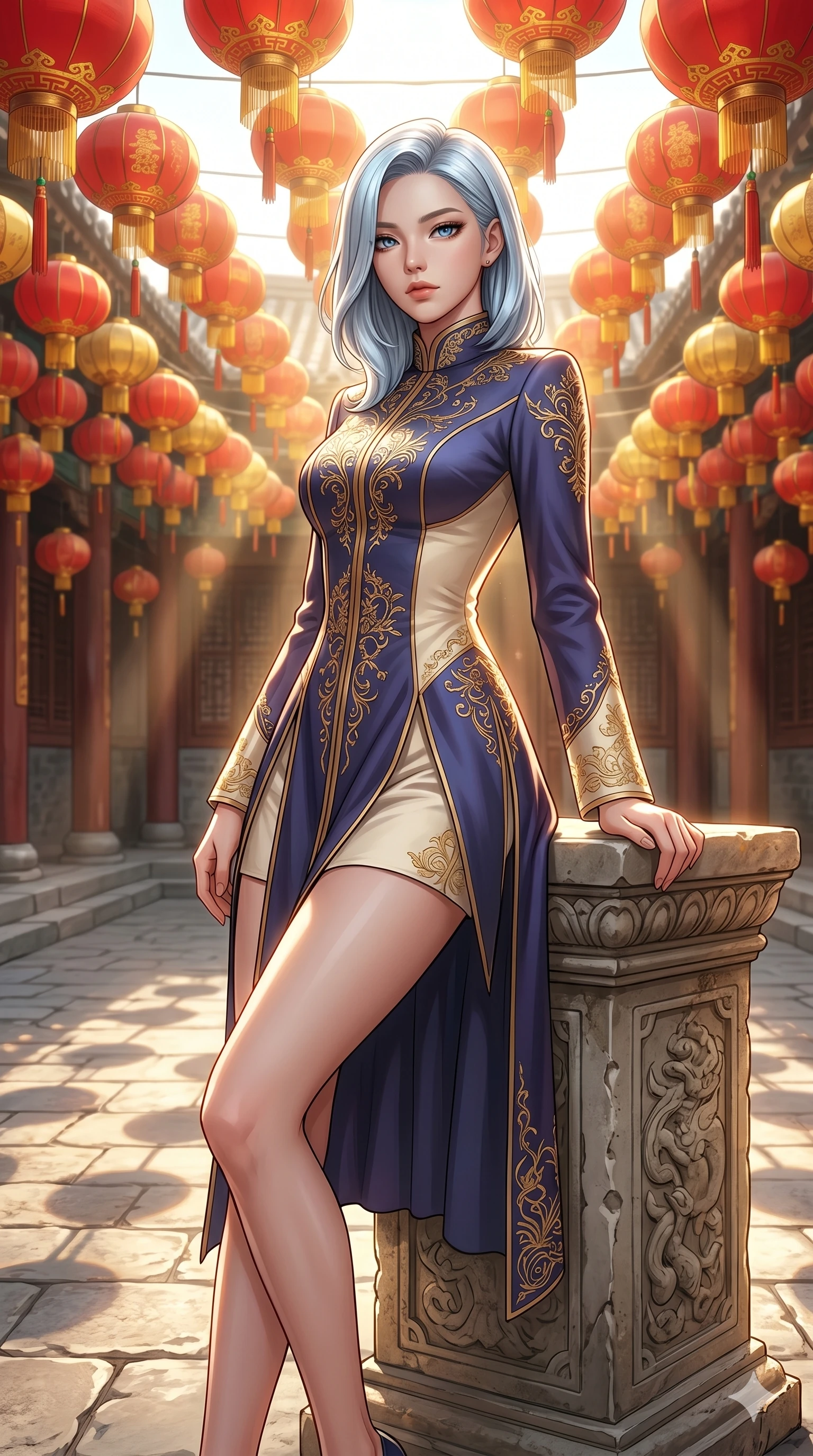 score_9, masterpiece, best quality, ultra-detailed, high-budget anime keyframe, editorial fashion photography, tasteful artistic composition, Korean woman. cowboy shot from the thighs up, character and outfit filling the frame for maximum editorial presence. leaning back against the pedestal, looking at the viewer with an air of effortless superiority under a canopy of hanging red and gold silk lanterns in a stone courtyard (Code-P17-013). She has an absolutely perfect 8-heads proportion, an exceptionally tall and slender female figure with impossibly long slender legs and an ultra-slim waist. V-shaped jawline, high-bridge nose, intricate jewel-like eyes with depth, thick eyelashes, glossy lips with a natural sheen. wearing a structured high-neck academic robe with gold embroidery and neat tailoring. bathed in brilliant midday sunbeams, casting sharp warm highlights that outline her slender waist. 2k, ultra detail, master piece, 9:16 ratio