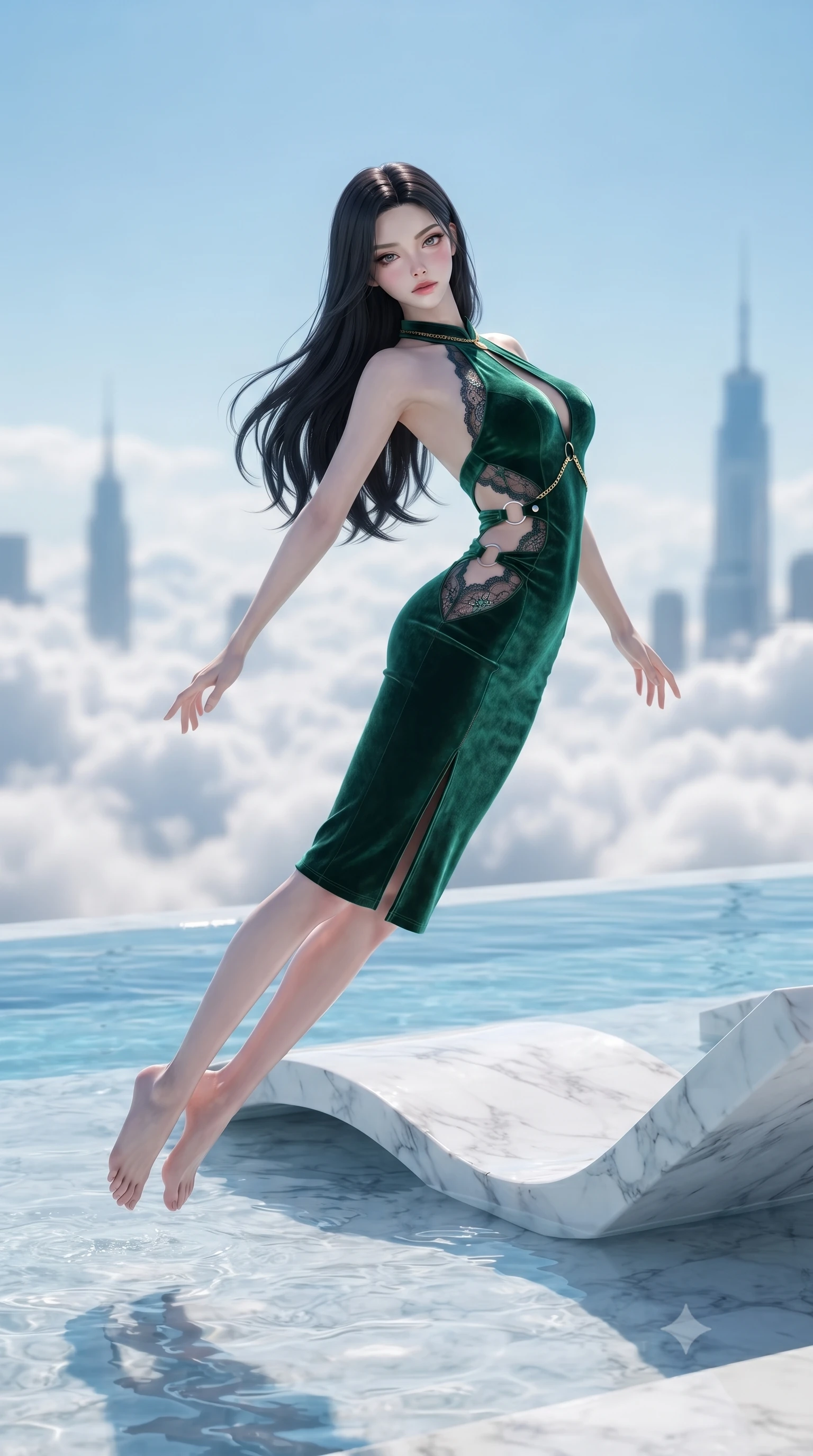 score_9, masterpiece, best quality, ultra-detailed, high-budget anime keyframe, editorial fashion photography, tasteful artistic composition, Korean woman. low angle full-body shot from head to toe showing her feet, filling the entire 9:16 vertical frame with her statuesque presence, stretching her vertical silhouette. leaping through mid-air with an athletic yet alluring arch of her spine, her impossibly long slender legs stretched in flawless poise while reclining on a submerged white marble lounger inside a 150th-floor infinity pool overlooking a sea of clouds. The composition keeps background elements in soft focus with creamy bokeh. fluffy rolling cloud seas and distant skyscraper spires blurred into clean, high-key sky-blue bokeh. She has an absolutely perfect, statuesque 8.5-heads proportion, an exceptionally tall and slender model-like female figure with impossibly long slender legs, a toned flat midriff, and an ultra-slim waist. sharp v-shaped jawline, high-bridge nose, intricate jewel-like eyes with depth, thick eyelashes, glossy lips with a natural sheen, flawlessly proportioned anatomical accuracy, strict slender model proportions, natural body alignment, perfectly sculpted long slender limbs, ultra-slim waistline, clean dynamic posture without body distortion. wearing a velvet halter-neck midi dress fitting her statuesque contour flawlessly with a Tasteful chest slit and open spine in bright emerald green satin and gold hardware, crafted from delicate dark lace interwoven with luminescent micro-fibers, detailed with polished silver rings connecting the daring side-waist cutouts, the sleek second-skin cut tightly hugging her graceful clavicle, narrow waist, and feminine curves with athletic precision. bathed in dazzling high-noon sunlight and rich sky-blue ambient bounce light. ultra-reflective glossy finish, specular highlights, metallic sheen, high-contrast stereoscopic depth, volumetric dynamic lighting, 2k, ultra detail, master piece, 9:16 ratio