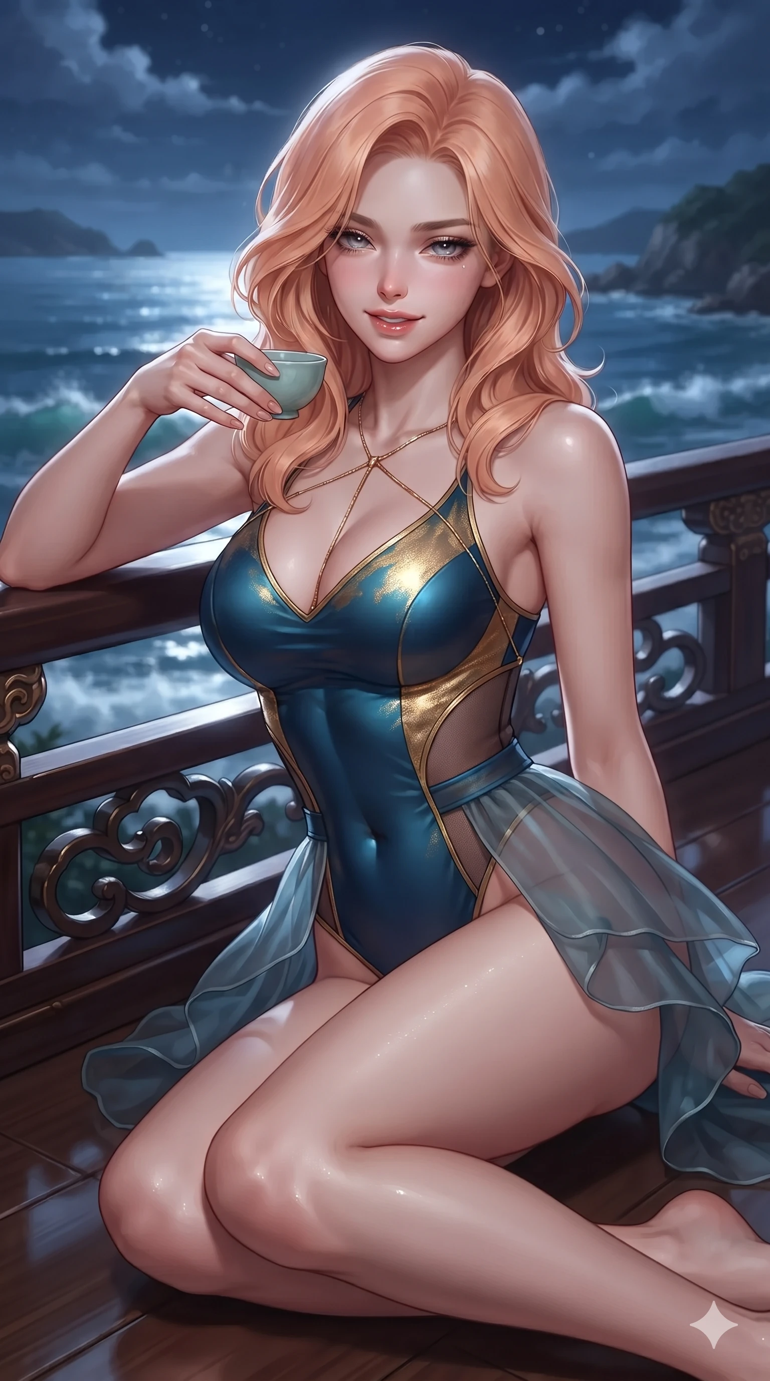 score_9, masterpiece, best quality, ultra-detailed, high-budget anime keyframe, editorial fashion photography, tasteful artistic composition, Japanese woman. close-up cowboy shot from the waist and thighs up, the character dominates the composition, filling the frame with her large presence. resting one elbow on the lacquered balustrade and supporting her chin, leaning close to the camera with heavy-lidded sparkling eyes and parted lips while lounging on the wooden pavilion floor with one leg drawn up, holding a celadon wine cup with an intoxicating, teasing smile. The background shows a soft-focus churning ocean waters hundreds of feet below, distant coastal headlands, and night clouds blurred into sapphire, silver, and obsidian bokeh. She has an exceptionally elegant, slender, and willowy female figure with an ultra-slim waist, flat toned midriff, narrow ribcage, and sculpted feminine hips creating an alluring, slim hourglass silhouette without bulk. sharp v-shaped jawline, high-bridge nose, sparkling eyes with hypnotic seductive depth, thick curled eyelashes, glossy parted lips with a natural dewy peach sheen, alluring bedroom-eyes with an enchanting coquettish smile, exuding magnetic siren charisma and sophisticated glamour, flawlessly proportioned anatomical accuracy, strict slender model proportions, natural body alignment, perfectly sculpted long slender limbs, ultra-slim waistline, clean dynamic posture without body distortion. wearing a provocative sheer nobang organza wrap overskirt layered over a form-fitting silk leotard with bare hip flanks in deep ocean cobalt and shimmering gold leaf, featuring strategic sheer-illusion micro-mesh cutouts along her ribcage and hip flanks, accented with a gold body chain harness subtly framing her dewy collarbones and spine, the form-contouring silhouette accentuating her sculpted flat midriff, narrow delicate ribcage, and gracefully curvy hips with intoxicating allure. bathed in high-intensity silver moonlight reflecting off open ocean waters. ultra-reflective glossy finish, specular highlights, rich textural contrasts, high-contrast stereoscopic depth, volumetric dynamic lighting, 2k, ultra detail, master piece, 9:16 ratio