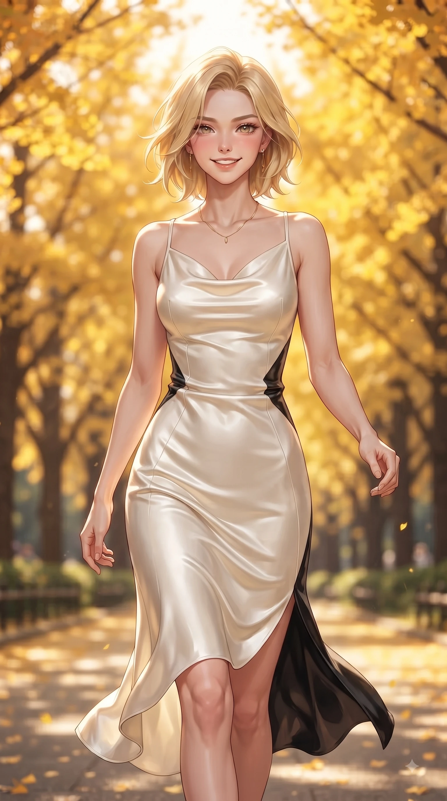 score_9, masterpiece, best quality, ultra-detailed, high-budget anime keyframe, editorial fashion photography, tasteful artistic composition, Caucasian woman. close-up cowboy shot from the waist and thighs up, the character dominates the composition, filling the frame with her large presence. Youthful cheerful smile exuding cute playful charm and radiant sparkle in her eyes while walking dynamically down a sunlit park avenue lined with golden yellow ginkgo trees. The composition keeps background elements in soft focus with dreamy bokeh. vibrant yellow and orange tree arcades blurring smoothly behind her fashion silhouette. She has an exceptionally elegant, slender, and willowy female figure with an ultra-slim waist, a gracefully sculpted slender torso, and a refined silhouette. sharp v-shaped jawline, high-bridge nose, intricate jewel-like eyes with depth, thick eyelashes, glossy lips with a natural sheen, flawlessly proportioned anatomical accuracy, natural body alignment, perfectly sculpted elegant limbs, clean dynamic posture without body distortion. wearing an elegant ivory silk cowl-neck dress with fluid draped lines in monochrome white and glossy black contrast, crafted from smooth liquid silk satin, complemented by clean architectural seams and subtle cutouts, the form-contouring material accentuating her ultra-slim waist and long lines. bathed in brilliant golden autumn sunlight and warm tree canopy backlighting. ultra-reflective glossy finish, specular highlights, metallic sheen, high-contrast stereoscopic depth, volumetric dynamic lighting, 2k, ultra detail, master piece, 9:16 ratio