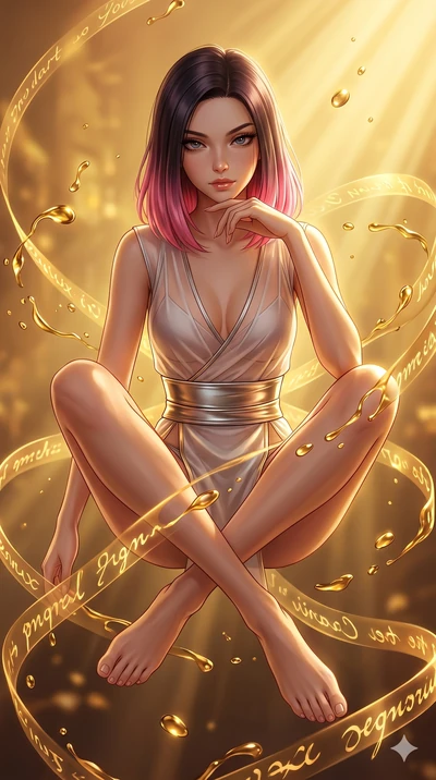 score_9, masterpiece, best quality, ultra-detailed, high-budget anime keyframe, editorial fashion photography, tasteful artistic composition, Korean woman. Upper body close-up from the thighs up, character filling the screen for maximum presence. She