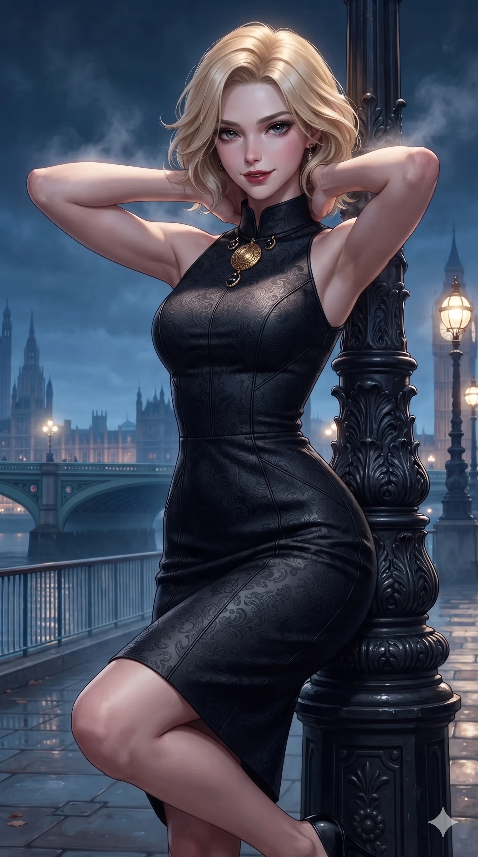 score_9, masterpiece, best quality, ultra-detailed, high-budget anime keyframe, editorial fashion photography, tasteful artistic composition, Caucasian woman. close-up cowboy shot from the waist and thighs up, the character dominates the composition, filling the frame with her large presence. resting both hands lightly behind her neck with elbows raised, arching her spine to highlight her narrow waist, flat midriff, and breathtaking collarbones while leaning against the historic cast-iron lamppost with one knee bent, night mist drifting through her hair as her dark outfit traces her feminine curves. The surrounding environment is rendered in vivid detail and crisp panoramic clarity: detailed tailored bodice tailoring, fine leather grain on trousers, and London embankment architecture in razor-sharp precision. She has an exceptionally elegant, slender, and willowy female figure with an ultra-slim waist, flat toned midriff, narrow ribcage, and sculpted feminine hips creating an alluring, slim hourglass silhouette without bulk. sharp v-shaped jawline, high-bridge nose, intricate jewel-like dark sparkling eyes with dangerous depth, thick curled eyelashes, glossy parted lips with a rich wine sheen, smoldering seductive half-smile with bedroom-eyes, exuding effortless superiority and intoxicating dark allure, flawlessly proportioned anatomical accuracy, strict slender model proportions, natural body alignment, perfectly sculpted long slender limbs, ultra-slim waistline, clean dynamic posture without body distortion. wearing a bespoke structured mock-neck evening sheath dress with crisp geometric seams in pure obsidian monochrome with subtle metallic sheen, tailored from rich silk jacquard with subtle embossed baroque patterns, finished with an authentic engraved gold medallion and obsidian cabochons, the impeccably tailored cut draping gracefully along her slender figure with aristocratic noir poise. bathed in cool ethereal cobalt bridge floodlights and warm golden promenade streetlights. ultra-reflective glossy finish, specular highlights, rich textural contrasts, high-contrast stereoscopic depth, volumetric dynamic lighting, 2k, ultra detail, master piece, 9:16 ratio
