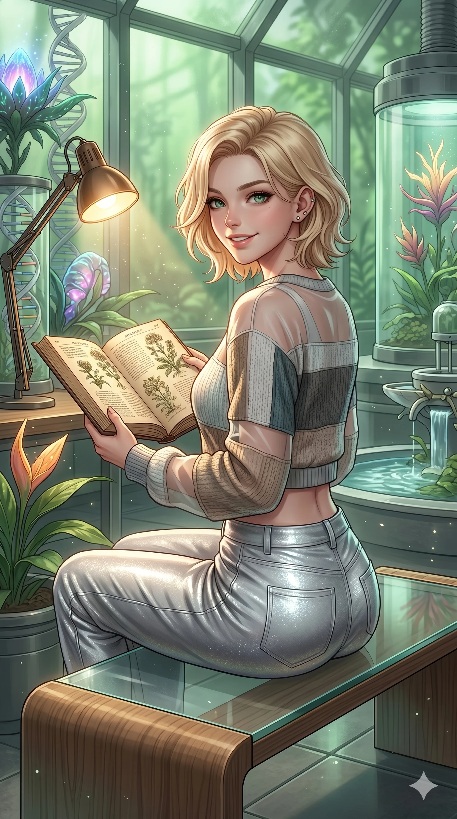 score_9, masterpiece, best quality, ultra-detailed, high-budget anime keyframe, editorial fashion photography, tasteful artistic composition, Caucasian woman, strictly human ears. Upper body close-up from the thighs up, character filling the screen for maximum presence. Inside a biotech greenhouse, reading a paper book about botany, sitting on a modern bench, looking back with a warm, nostalgic smile. She is wearing a comfortable cropped sweater with sheer panels and silver trousers. The scene is lit by a warm reading lamp and soft green light filtering from a window. 2k, ultra detail, master piece, 9:16 ratio