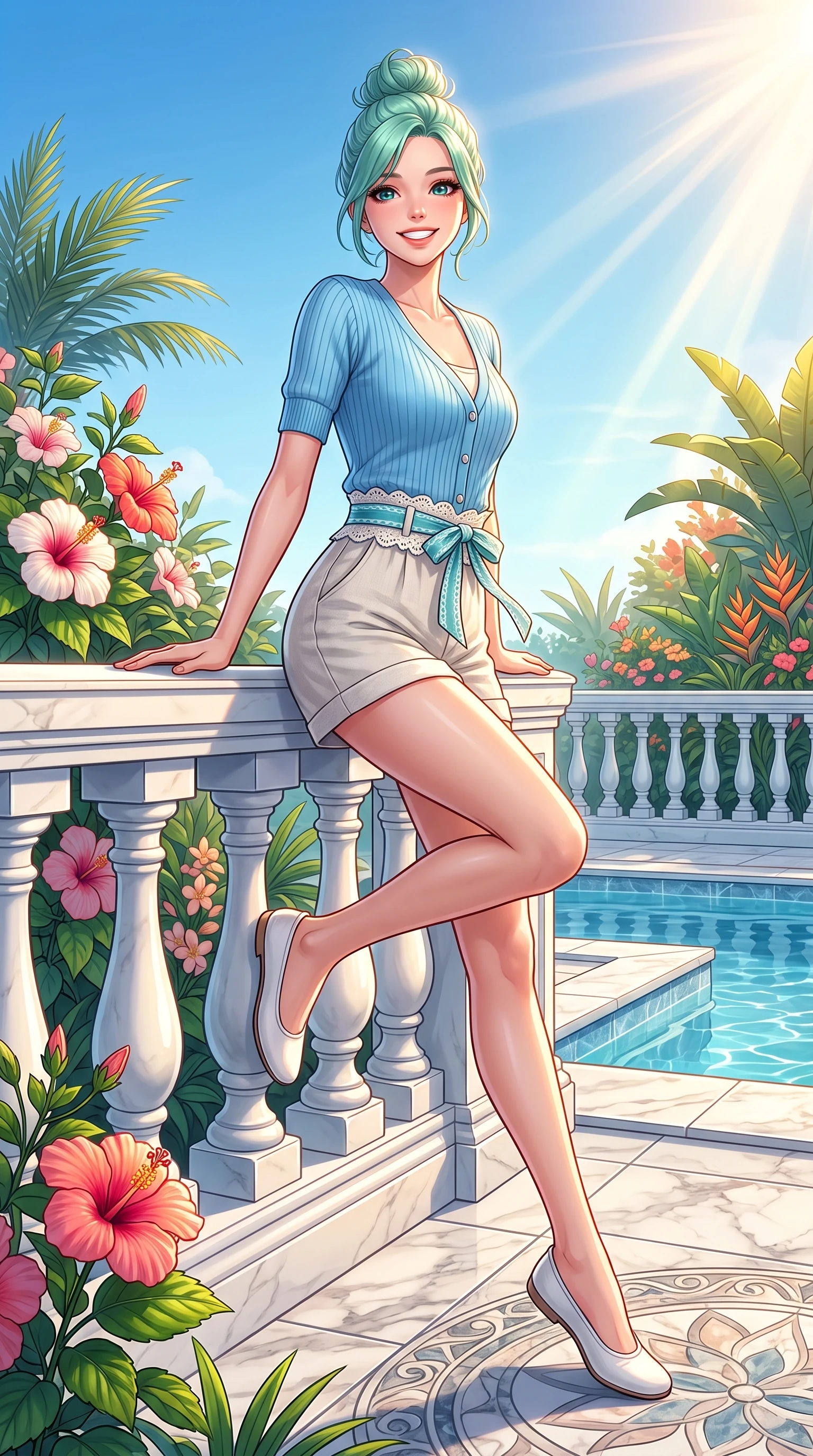 score_9, masterpiece, best quality, ultra-detailed, high-budget anime keyframe, editorial fashion photography, tasteful artistic composition, Japanese woman. low angle full-body shot from head to toe showing her feet, filling the entire 9:16 vertical frame with her statuesque presence, stretching her vertical silhouette. leaping with pure youthful energy through the scene with a radiant bright smile, her long slender legs balanced gracefully while leaning elegantly against a white poolside balustrade as golden afternoon sunbeams highlight her figure. The surrounding environment is rendered in vivid detail and crisp panoramic clarity. detailed marble poolside tiles, blooming hibiscus flowers, and clear blue sky captured in crisp resolution. She has an absolutely perfect, statuesque 8.5-heads proportion, an exceptionally tall and slender model-like female figure with impossibly long slender legs and an ultra-slim waist. sharp v-shaped jawline, high-bridge nose, intricate jewel-like eyes with depth, thick eyelashes, glossy lips with a natural sheen, flawlessly proportioned anatomical accuracy, natural body alignment, perfectly sculpted elegant limbs, clean dynamic posture without body distortion. wearing a sky-blue ribbed short-sleeve cardigan with high-waist linen shorts and a dainty waist sash in ocean turquoise and sea-salt white, woven with delicate eyelet lace and soft cotton, accented with a dainty waist ribbon bow, the relaxed yet flattering fit accentuating her naturally graceful and slender figure. illuminated by warm golden afternoon sunbursts casting crisp highlights. highly saturated vibrant anime colors, detailed shading with soft gradients, rich glossy textures, high-contrast stereoscopic depth, volumetric dynamic lighting, master piece, 9:16 ratio