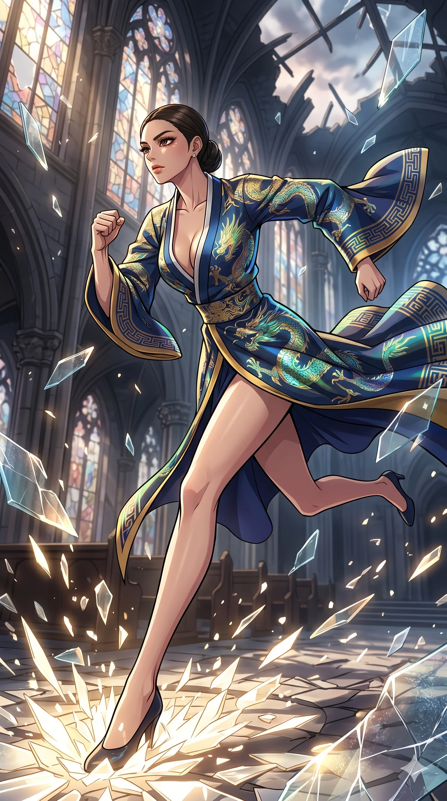 score_9, masterpiece, best quality, ultra-detailed, Set A: High-budget Anime Keyframe, Korean woman. Low angle cowboy shot filling the entire 9:16 frame with her statuesque presence. Sprinting through a shattered glass cathedral, as the ground beneath her turns into 121 shards of light and surrounded by shattered glass fragments. She has an absolutely perfect 8-heads proportion, an exceptionally tall and slender female figure with impossibly long slender legs and an ultra-slim waist. Sharp v-shaped jawline, high-bridge nose, intricate jewel-like eyes with depth, thick eyelashes, glossy lips with a natural sheen. Wearing Traditional fusion robe with a deep V-cut and holographic dragon embroidery. Cinematic lighting, vibrant colors, dramatic shadows, 2k, ultra detail, master piece, 9:16 ratio