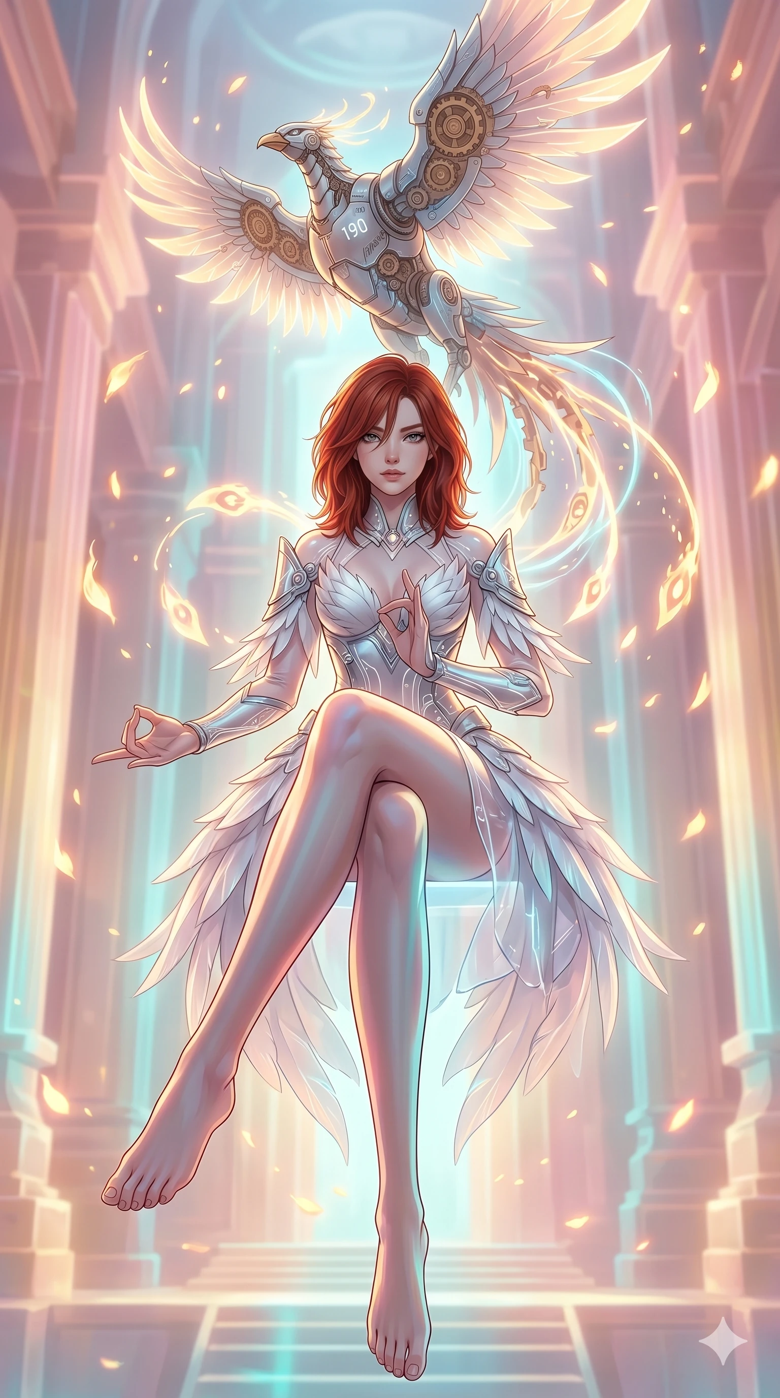 score_9, masterpiece, best quality, ultra-detailed, Set A: High-budget Anime Keyframe, Japanese woman. Low angle cowboy shot filling the entire 9:16 frame with her statuesque presence. Theme: Ethereal Dream. meditating in a temple made of solid light, while a mechanical phoenix rises in the background marked 190. The atmosphere is filled with golden hour with floating embers. She has an absolutely perfect 8-heads proportion, an exceptionally tall and slender female figure with impossibly long slender legs and an ultra-slim waist. Sharp v-shaped jawline, high-bridge nose, intricate jewel-like eyes with depth, glossy lips. Wearing Elegant swan-inspired tech-outfit with white feathers and glowing silver accents. Cinematic lighting, vivid colors, dramatic shadows, 2k, ultra detail, master piece, 9:16 ratio