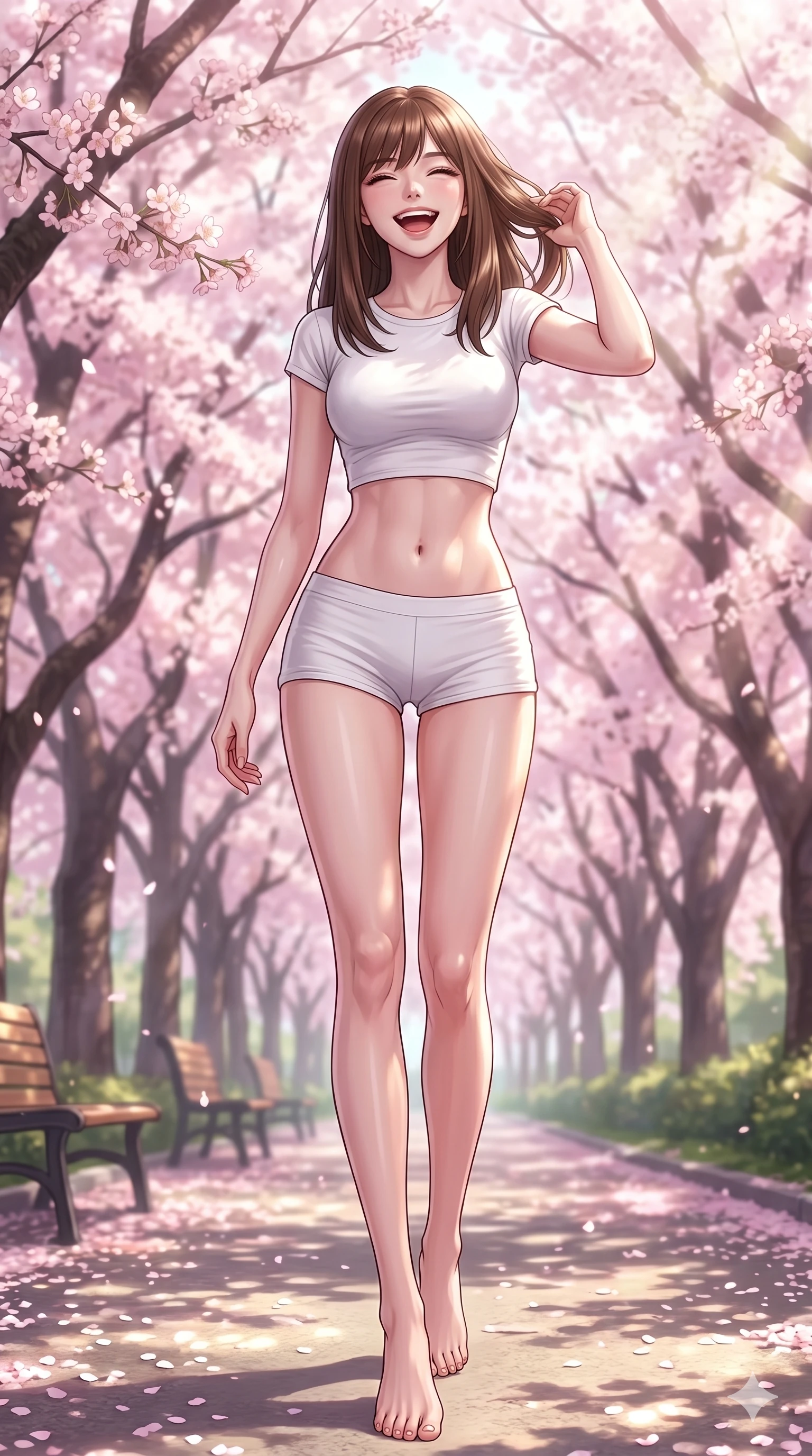 score_9, masterpiece, best quality, ultra-detailed, high-budget anime keyframe, vibrant anime aesthetic, Korean woman. low angle full-body shot from head to toe showing her feet, filling the entire 9:16 vertical frame with her statuesque presence, stretching her vertical silhouette. She is posing with a delightful grin, tossing her hair back with a happy laugh by a spring park pathway under bright midday sunbeams (Code-P20-052). She has an absolutely perfect 8-heads proportion, an exceptionally tall and slender female figure with impossibly long slender legs and an ultra-slim waist. V-shaped jawline, high-bridge nose, intricate jewel-like eyes with depth, thick eyelashes, glossy lips with a natural sheen. wearing a tight crop top showing her bare midriff and micro-shorts in white cotton. She is drenched in soft sunbeams filtering through cherry blossoms, casting a pinkish glow. 2k, ultra detail, master piece, 9:16 ratio