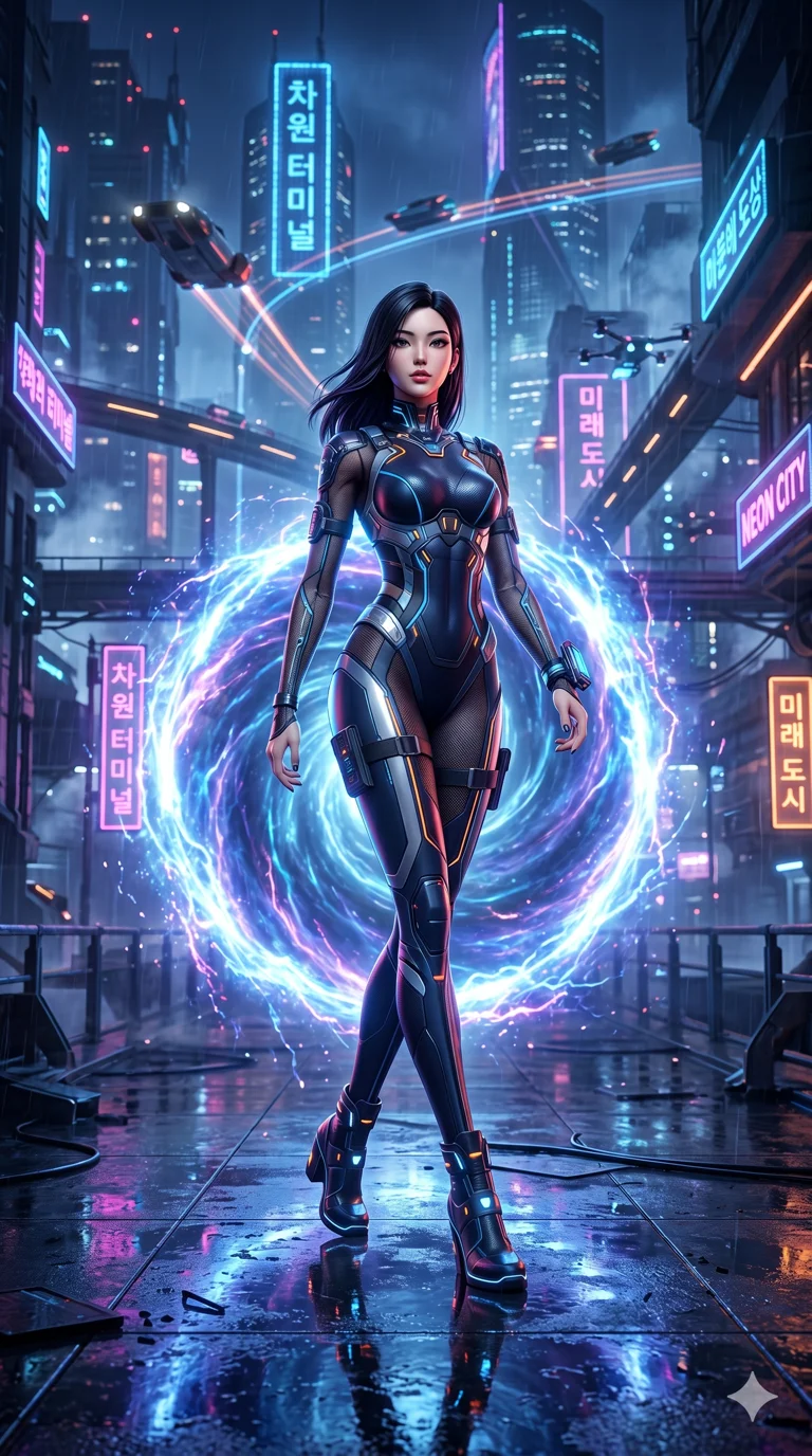 score_9, masterpiece, best quality, ultra-detailed, semi-realistic high-budget 3D game render, an incredibly beautiful Korean woman. Full-body shot stretching the vertical silhouette, dominating the 9:16 frame. She is a dimension traveler stepping through a glowing portal into a futuristic city. She has an absolutely perfect 8-heads proportion, an exceptionally tall and slender female figure with impossibly long slender legs and an ultra-slim waist. Her face is a flawless masterpiece with a sharp v-shaped jawline, high-bridge nose, expressive jewel-like eyes, thick eyelashes, and perfectly glossy lips. She is wearing a tight-fitting cybernetic bodysuit with sheer fabric sleeves. A high-tech metropolis with floating vehicles and neon skyscrapers, cinematic shadows., 2k, ultra detail, master piece, 9:16 ratio