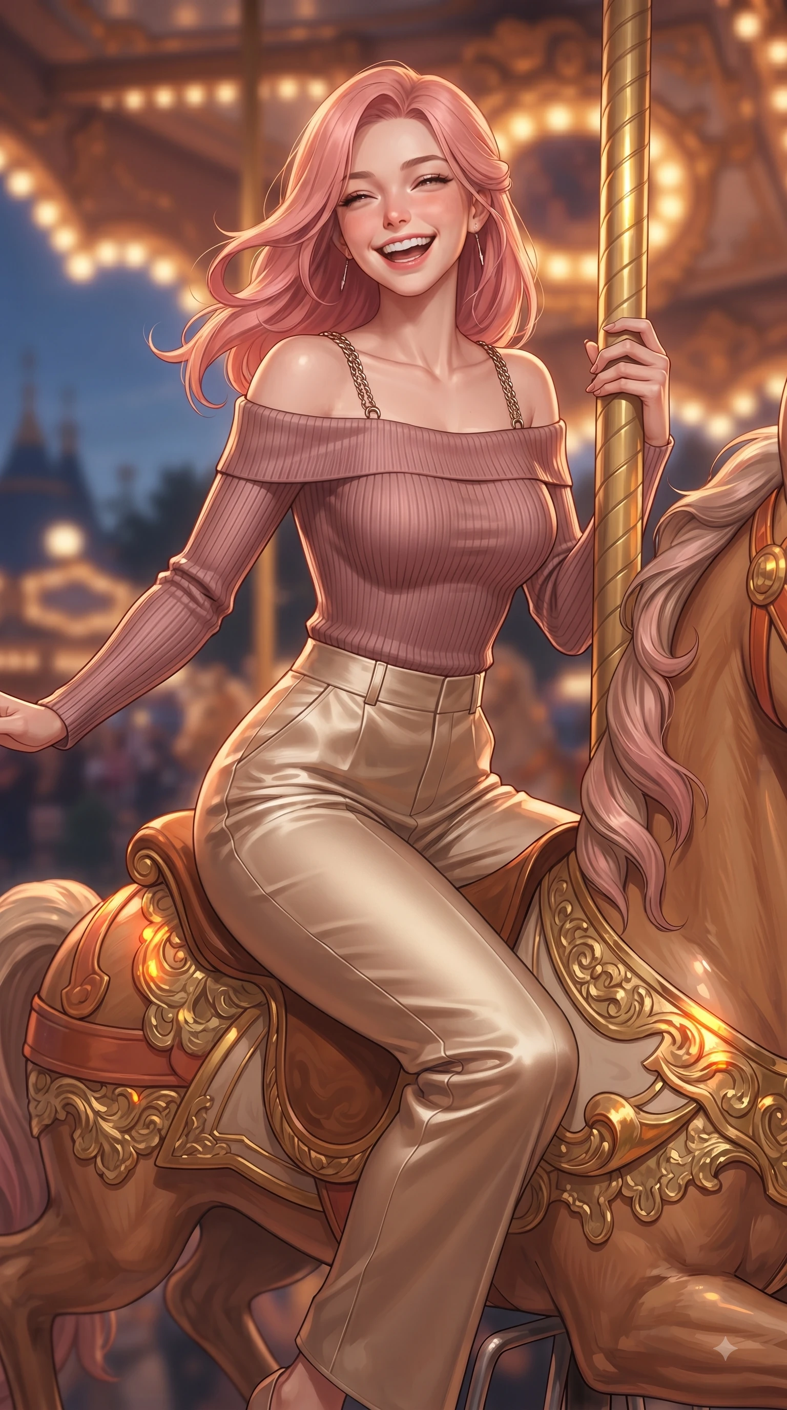 score_9, masterpiece, best quality, ultra-detailed, high-budget anime keyframe, editorial fashion photography, tasteful artistic composition, Japanese woman. close-up cowboy shot from the waist and thighs up, the character dominates the composition, filling the frame with her large presence, background elements kept in soft focus. Joyful laughing expression filled with genuine happiness and warmth, leaning forward with cheerful energy while riding a ornate wooden carousel horse with a pure, joyful laughing expression at dusk, ornate carved carousel horses with gold-leaf trim reflecting bright amber highlights. She has an exceptionally elegant, slender, and willowy female figure with an ultra-slim waist, a gracefully sculpted slender torso, and a refined silhouette. sharp v-shaped jawline, high-bridge nose, intricate jewel-like eyes with depth, thick eyelashes, glossy lips with a natural sheen, flawlessly proportioned anatomical accuracy, natural body alignment, perfectly sculpted elegant limbs, clean dynamic posture without body distortion. wearing a sleek off-shoulder ribbed knit top paired with high-waist tailored pants in dusty rose and champagne gold, crafted from lustrous satin jersey with fluid draping, adorned with delicate metallic chain straps along the neckline, the elegant draped fit framing her graceful clavicle and slender torso. surrounded by a bright, magical theme park ambiance with rich specular glow. ultra-reflective glossy finish, specular highlights, metallic sheen, high-contrast stereoscopic depth, volumetric dynamic lighting, 2k, ultra detail, master piece, 9:16 ratio