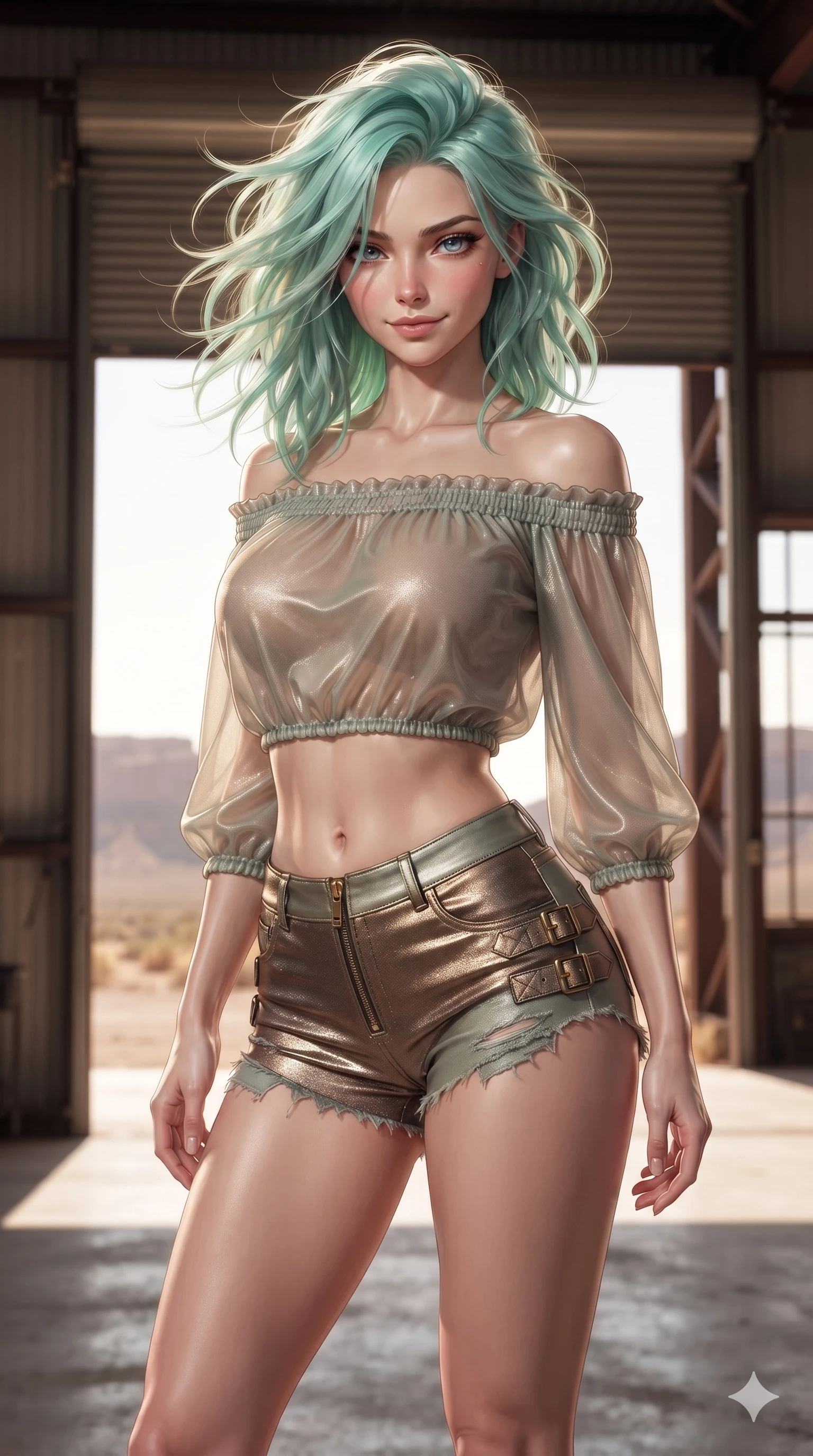 score_9, masterpiece, best quality, ultra-detailed, high-budget anime keyframe, editorial fashion photography, tasteful artistic composition, Japanese woman. close-up cowboy shot from the waist and thighs up, the character dominates the composition, filling the frame with her large presence. tilting her head with a teasing half-smile, running one hand slowly down the side of her hip in a flirtatious S-curve as ambient light caresses her silhouette while standing poised right at the threshold of the massive open warehouse roll-up door, arching her spine with supermodel poise as desert winds whip through her hair. The background shows a soft-focus massive corrugated iron roll-up door opening, silhouetted steel I-beams, and distant sun-bleached desert plateaus blurred into charcoal, terracotta, and gold bokeh. She has an exceptionally elegant, slender, and willowy female figure with an ultra-slim waist, flat toned midriff, narrow ribcage, and sculpted feminine hips creating an alluring, slim hourglass silhouette without bulk. sharp v-shaped jawline, high-bridge nose, sparkling eyes with hypnotic seductive depth, thick curled eyelashes, glossy parted lips with a natural dewy peach sheen, alluring bedroom-eyes with an enchanting coquettish smile, exuding magnetic siren charisma and sophisticated glamour, flawlessly proportioned anatomical accuracy, strict slender model proportions, natural body alignment, perfectly sculpted long slender limbs, ultra-slim waistline, clean dynamic posture without body distortion. wearing an off-the-shoulder sheer peasant crop blouse with elastic ruched neckline paired with tight distressed cutoff shorts in metallic bronze lamé and dusty desert sage, woven from stretch metallic lurex jersey casting radiant starlight glints across her silhouette, finished with sleek heavy-duty brass zip pulls and buckled moto straps, the impeccably tailored cut draping gracefully along her slender figure with aristocratic western poise. illuminated by concrete floor bounce and blinding golden rim lighting outlining her razor-sharp jawline, narrow waist, and curvy hips. ultra-reflective glossy finish, specular highlights, rich textural contrasts, high-contrast stereoscopic depth, volumetric dynamic lighting, 2k, ultra detail, master piece, 9:16 ratio