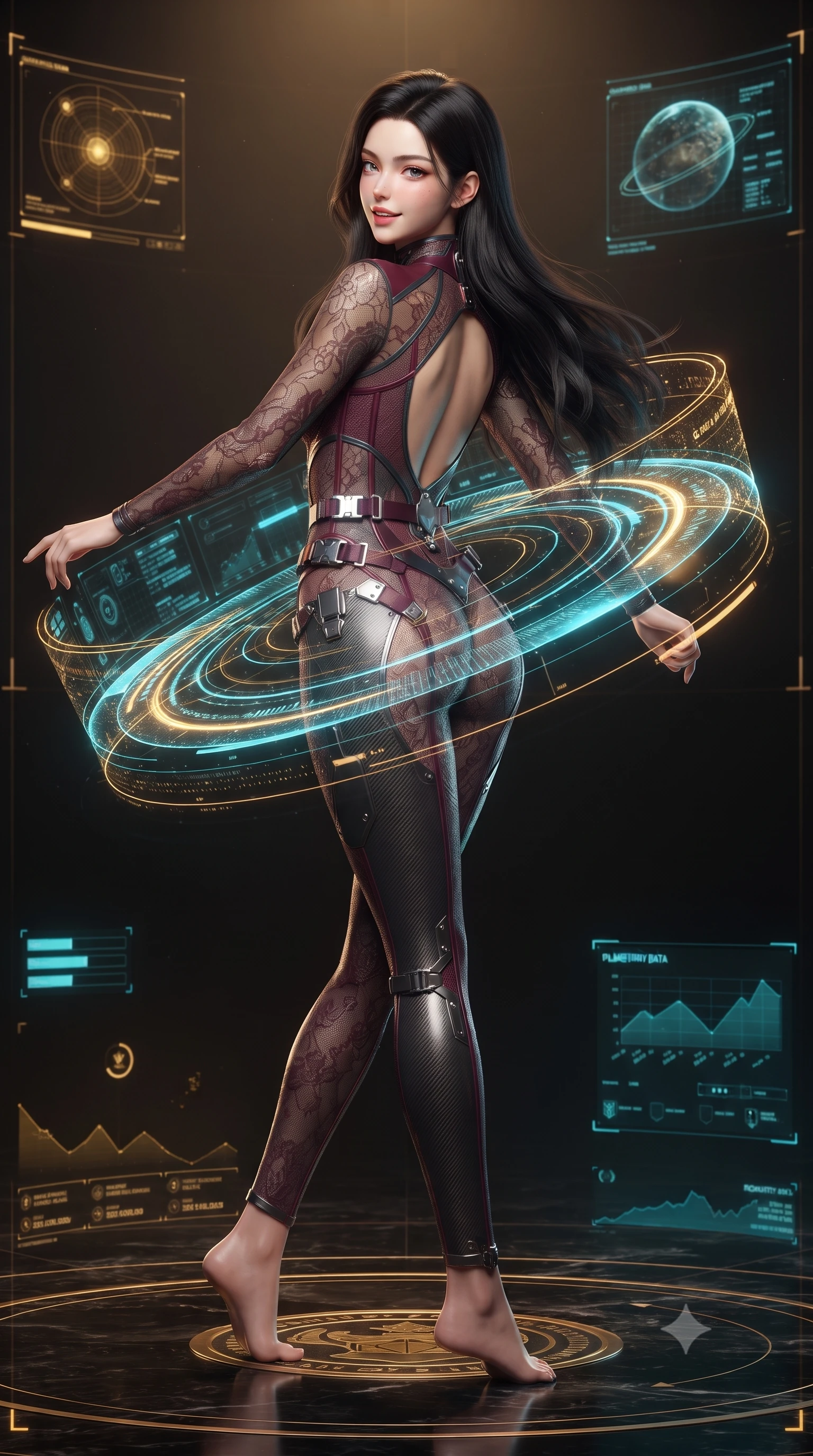 score_9, masterpiece, best quality, ultra-detailed, high-budget anime keyframe, editorial fashion photography, tasteful artistic composition, Korean woman. low angle full-body shot from head to toe showing her feet, filling the entire 9:16 vertical frame with her statuesque presence, stretching her vertical silhouette. executing a cheerful mid-motion pivot turn as her tactical belt and ribbons flutter around her slender legs, glancing over her shoulder with an intoxicating, teasing bedroom-gaze while twisting her slender torso in an alluring contrapposto stance, complex planetary data streams wrapping around her narrow waist and hips. The surrounding environment is rendered in vivid detail and crisp panoramic clarity: sharp holographic latitude grid lines, polished black obsidian marble podium textures, and brass seal inlays in deep focus. She has an absolutely perfect, statuesque 8.5-heads proportion, an exceptionally tall and slender model-like female figure with impossibly long slender legs, an ultra-slim waist, a flat toned midriff, narrow delicate ribcage, and beautifully sculpted feminine hips creating a graceful, slim hourglass silhouette without any bulky heaviness. sharp v-shaped jawline, high-bridge nose, intricate jewel-like sparkling eyes with depth, thick eyelashes, glossy parted lips with a natural sheen, bright confident smile with an enchanting and coquettish sensual glint, exuding both youthful magnetic charm and sovereign high-tech allure, flawlessly proportioned anatomical accuracy, strict slender model proportions, natural body alignment, perfectly sculpted long slender limbs, ultra-slim waistline, clean dynamic posture without body distortion. wearing a sheer technical lace and carbon composite bodysuit with architectural cup boning and open back in deep wine crimson and dark carbon weave, tailored from brushed aeronautical titanium alloy with matte satin sheen, finished with polished chrome buckle hardware and modular magnetic holster clasps, the form-fitting tactical tailoring adhering flawlessly to her sculpted flat midriff and slender torso, emphasizing her long leg lines and perfectly proportioned willowy build. bathed in regal gold and cyan holographic light radiating from the floating globe matrix. ultra-reflective glossy finish, specular highlights, rich textural contrasts, high-contrast stereoscopic depth, volumetric dynamic lighting, 2k, ultra detail, master piece, 9:16 ratio