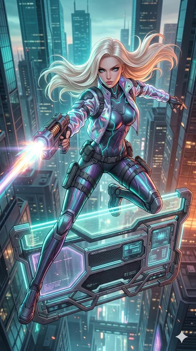 score_9, masterpiece, best quality, ultra-detailed, semi-realistic 3D game render, high-fidelity textures, Unreal Engine 5 style, Japanese woman. Extreme high angle shot as she leaps towards the camera, filling the frame. vaulting over a high-tech ba