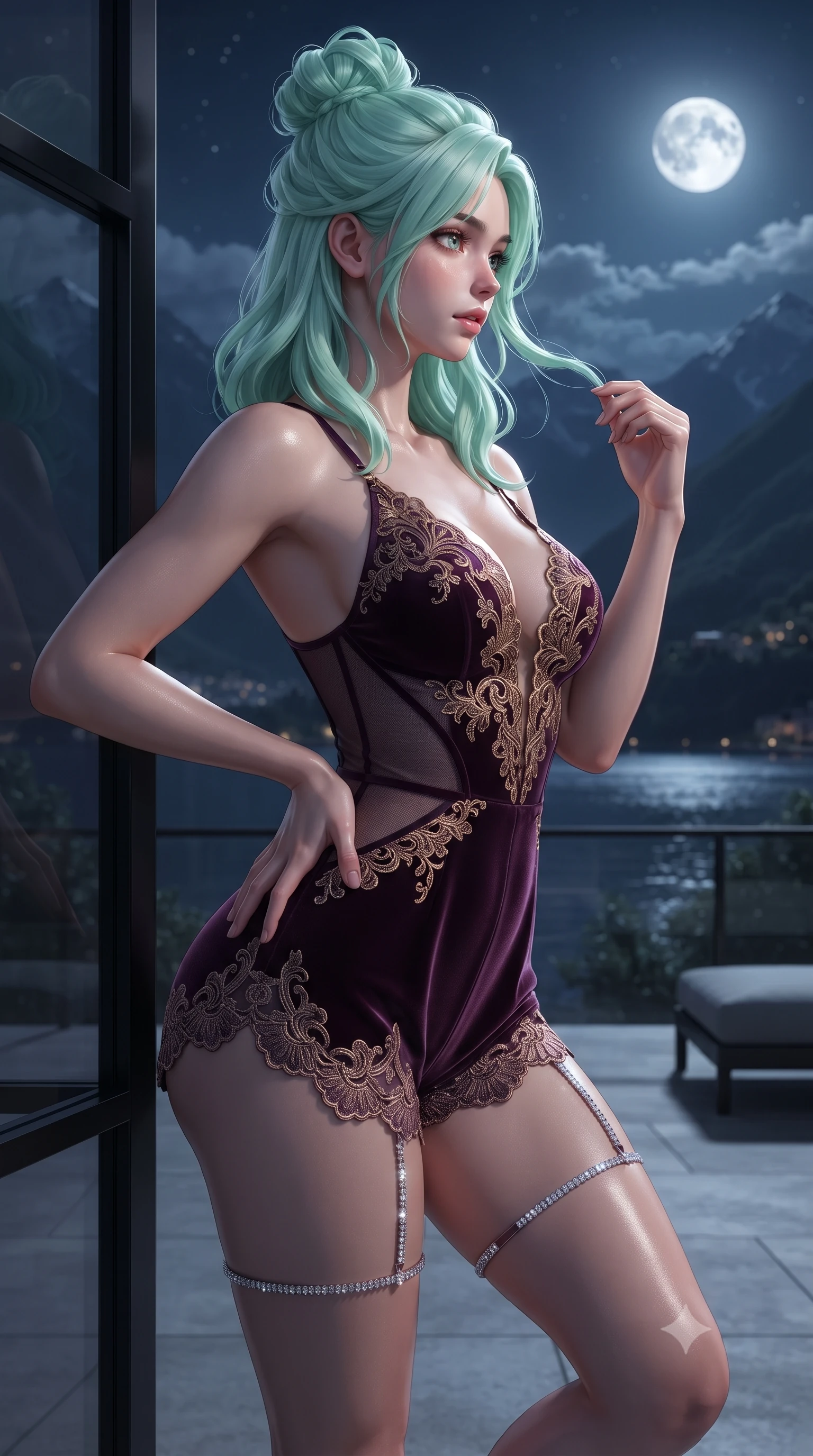 score_9, masterpiece, best quality, ultra-detailed, high-budget anime keyframe, editorial fashion photography, tasteful artistic composition, Japanese woman. close-up cowboy shot from the waist and thighs up, the character dominates the composition, filling the frame with her large presence. twisting her slender torso in an alluring contrapposto stance, one hand resting on her sculpted hip while her fingers toy with her hair with effortless poise while leaning against the black structural glass wall with hips cocked back, looking over a bare shoulder toward the moonlit Italian Alps. The surrounding environment is rendered in vivid detail and crisp panoramic clarity: detailed backless halterneck column dress drape, dewy skin highlights, and Italian architectural minimalism in high resolution. She has an exceptionally elegant, slender, and willowy female figure with an ultra-slim waist, flat toned midriff, narrow ribcage, and sculpted feminine hips creating an alluring, slim hourglass silhouette without bulk. sharp v-shaped jawline, high-bridge nose, sparkling eyes with hypnotic seductive depth, thick curled eyelashes, glossy parted lips with a natural dewy peach sheen, alluring bedroom-eyes with an enchanting coquettish smile, exuding magnetic siren charisma and sophisticated glamour, flawlessly proportioned anatomical accuracy, strict slender model proportions, natural body alignment, perfectly sculpted long slender limbs, ultra-slim waistline, clean dynamic posture without body distortion. wearing a plunge-neck stretch velvet romper with scalloped eyelash-lace hems and a cinched waist ribbon in rich dark plum violet and gilded bronze, made of semi-opaque stretch illusion mesh with soft shadowy contours, finished with delicate crystal-encrusted thigh garter straps glinting in the dim light, the form-contouring silhouette accentuating her sculpted flat midriff, narrow delicate ribcage, and gracefully curvy hips with intoxicating allure. illuminated by lake water specular bounce and sharp warm-gold rim lights defining her delicate clavicles, narrow waist, and curvy hips. ultra-reflective glossy finish, specular highlights, rich textural contrasts, high-contrast stereoscopic depth, volumetric dynamic lighting, 2k, ultra detail, master piece, 9:16 ratio
