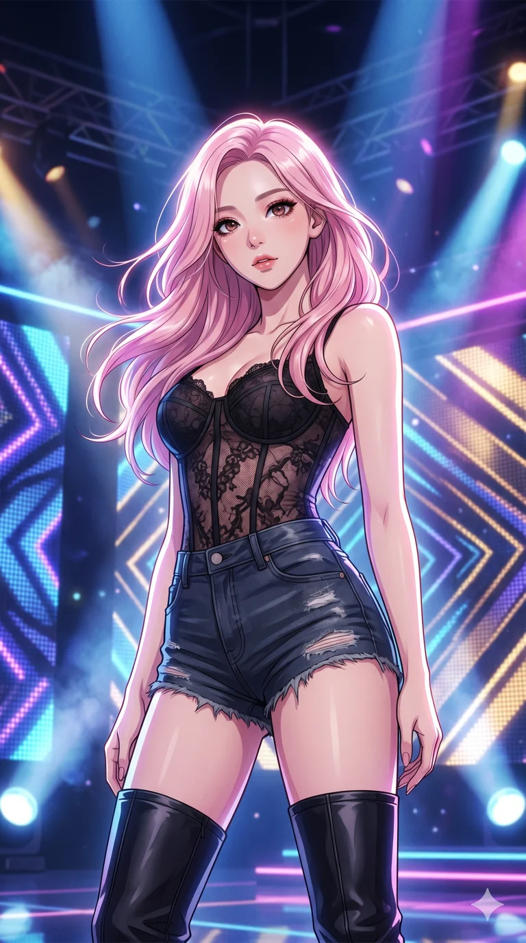 score_9, masterpiece, best quality, ultra-detailed, semi-realistic high-budget anime keyframe, an incredibly beautiful Korean woman. Low angle cowboy shot filling the frame. She has an absolutely perfect 8-heads proportion, an exceptionally tall female figure with a slim-fit toned body. Her face is a highly detailed masterpiece featuring a v-shaped jawline, high-bridge nose, intricate jewel-like eyes, thick eyelashes, and glossy lips. She has pastel pink flowing hair. She is wearing a form-fitting sheer lace corset top and short denim hotpants, thigh-high boots, highlighting her alluring silhouette. High-budget music show stage, volumetric fog, dramatic rim lighting, cinematic shadows, 2k, ultra detail, master piece, 9:16 ratio