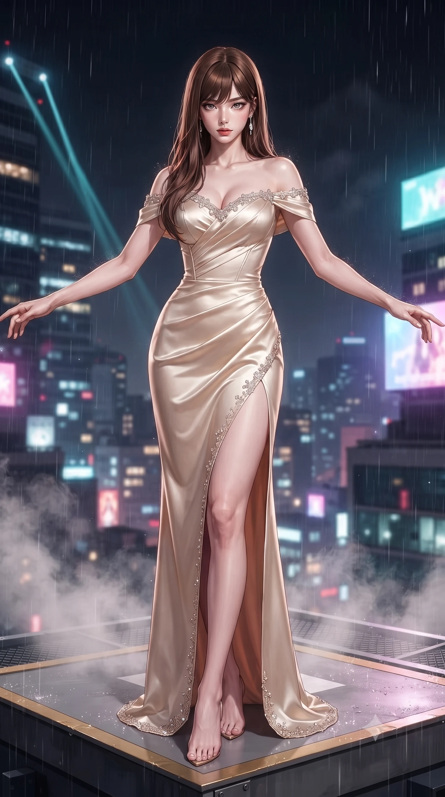score_9, masterpiece, best quality, ultra-detailed, high-budget anime keyframe, editorial fashion photography, tasteful artistic composition, Korean woman. low angle full-body shot from head to toe showing her feet, filling the entire 9:16 vertical frame with her statuesque presence, stretching her vertical silhouette. standing poised with one hip cocked in an alluring high-fashion pose, her tall 8.5-heads proportions dominating the scene while standing poised on the edge of a rooftop helipad platform with arms outstretched, welcoming the pulsing techno basslines. The composition keeps background elements in soft focus with creamy bokeh. drifting smoke machine haze and falling raindrops catching laser beam motes across the rooftop. She has an absolutely perfect, statuesque 8.5-heads proportion, an exceptionally tall and slender model-like female figure with impossibly long slender legs, a toned flat midriff, and an ultra-slim waist. sharp v-shaped jawline, high-bridge nose, intricate jewel-like eyes with depth, thick eyelashes, glossy lips with a natural sheen, captivating and magnetic expression, flawlessly proportioned anatomical accuracy, strict slender model proportions, natural body alignment, perfectly sculpted long slender limbs, ultra-slim waistline, clean dynamic posture without body distortion. wearing a statuesque off-shoulder champagne satin gala dress featuring a thigh-high side slit and draped corset bodice in champagne ivory and rose gold, tailored from ultra-smooth duchess satin with a pearlescent sheen, finished with delicate crystal embroidery along the neckline and hem, the sleek tailored cut tightly hugging her graceful clavicle, narrow waist, and feminine curves with statuesque precision. bathed in flashing RGB strobe lights and glowing holographic billboard backlighting. ultra-reflective glossy finish, specular highlights, rich textural contrasts, high-contrast stereoscopic depth, volumetric dynamic lighting, 2k, ultra detail, master piece, 9:16 ratio