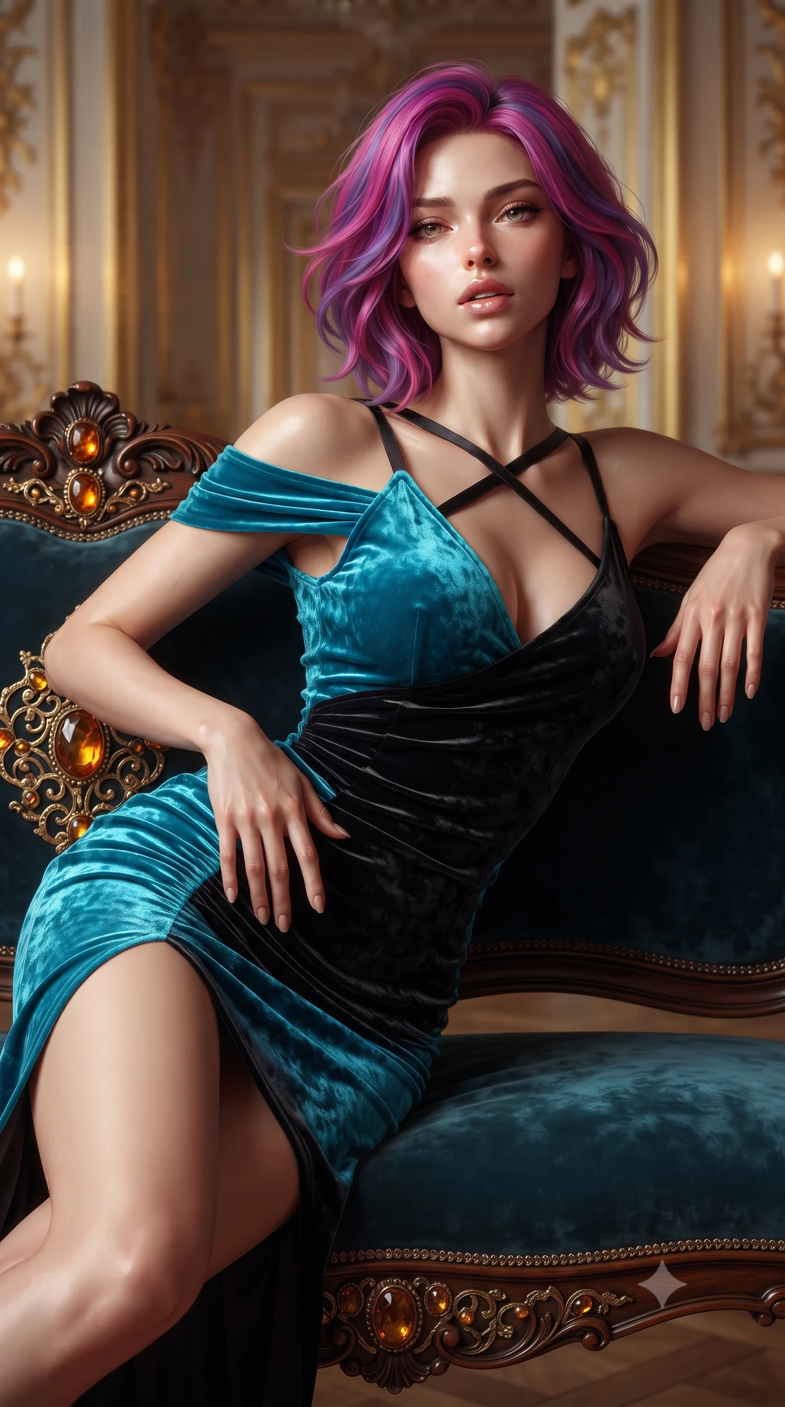 score_9, masterpiece, best quality, ultra-detailed, high-budget anime keyframe, editorial fashion photography, tasteful artistic composition, Caucasian woman. close-up cowboy shot from the waist and thighs up, the character dominates the composition, filling the frame with her large presence. resting one manicured hand delicately on her hip bone, her upper body turning in a fluid, seductive S-curve while parted lips glisten in the light while reclining languidly on an antique Russian court settee, her slender waist and feminine curves framed by glowing amber gemstones and gold filigree. The composition keeps background elements in soft focus with creamy bokeh. distant gilded palace doorways in an infinite enfilade softened in opulent imperial shallow focus. She has an exceptionally elegant, slender, and willowy female figure with an ultra-slim waist, flat toned midriff, narrow ribcage, and sculpted feminine hips creating an alluring, slim hourglass silhouette without bulk. sharp v-shaped jawline, high-bridge nose, intricate jewel-like eyes with depth, thick eyelashes, glossy parted lips with a natural sheen, intensely captivating and seductive bedroom-eyes expression, flawlessly proportioned anatomical accuracy, strict slender model proportions, natural body alignment, perfectly sculpted long slender limbs, ultra-slim waistline, clean dynamic posture without body distortion. wearing a form-contouring cocktail dress with an asymmetrical open shoulder and hip-defining ruching in neon electric cyan and lacquer black, crafted from heavyweight crushed silk velvet with liquid vintage luster, finished with criss-cross back satin straps highlighting her graceful shoulder blades, the second-skin form-contouring cut accentuating her sculpted flat midriff, narrow delicate ribcage, and gracefully curvy hips with supermodel precision. bathed in warm opulent candlelight bouncing off polished natural amber panels and gold leaf. ultra-reflective glossy finish, specular highlights, rich textural contrasts, high-contrast stereoscopic depth, volumetric dynamic lighting, 2k, ultra detail, master piece, 9:16 ratio