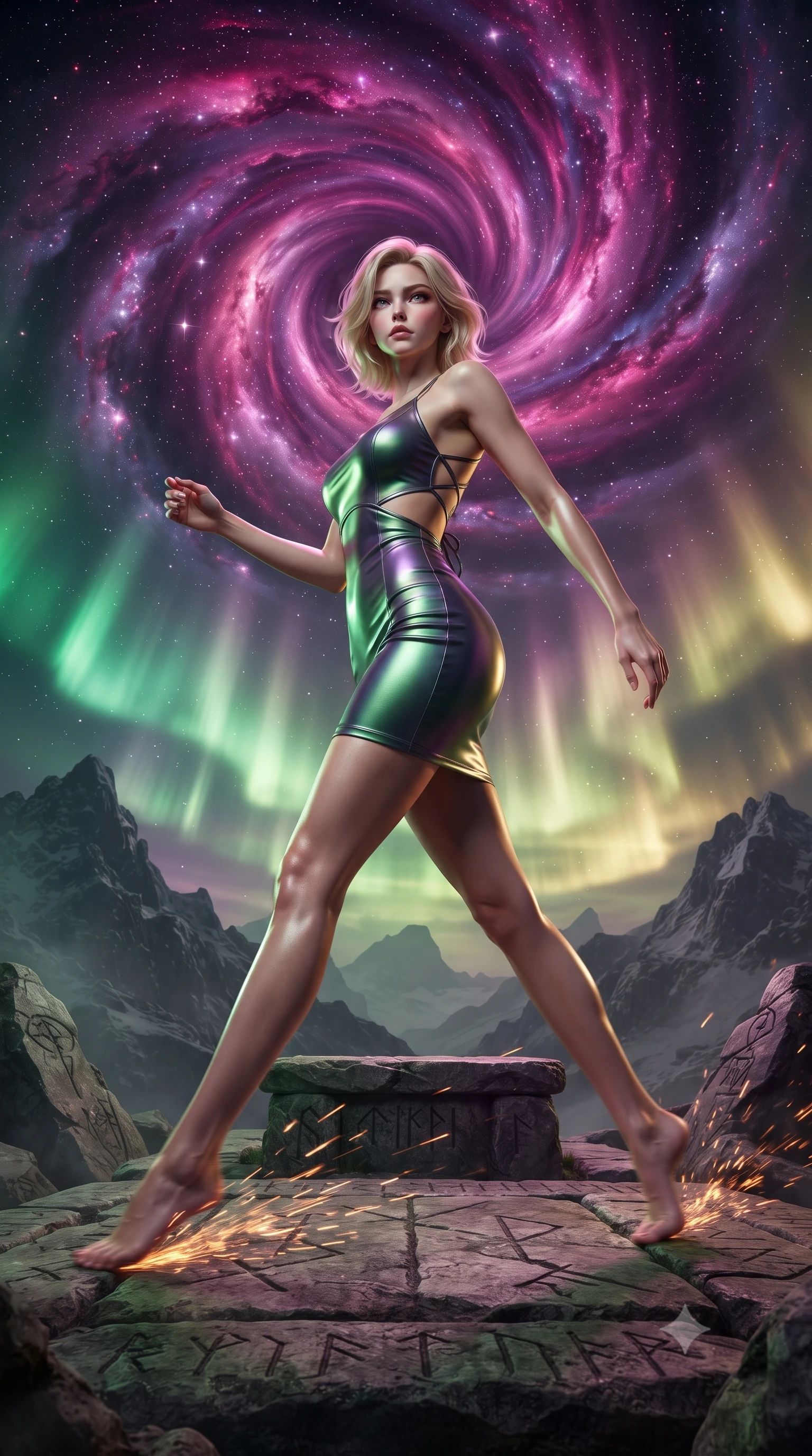 score_9, masterpiece, best quality, ultra-detailed, high-budget anime keyframe, editorial fashion photography, tasteful artistic composition, realistic cosplay photography, Caucasian woman, strictly human ears. low angle full-body shot from head to toe showing her feet, filling the entire 9:16 vertical frame with her statuesque presence, stretching her vertical silhouette. dashing forward aggressively, leaving a trail of motion-blurred sparks as she strides through a stone altar on a mountain peak, where a cosmic vortex of magenta and purple star-clouds is being summoned downward. She has a statuesque 8.5-heads proportion, an exceptionally tall, slender and willowy model-like build with impossibly long legs and a highly sculpted ultra-slim waist. sharp v-shaped jawline, high-bridge nose, intricate jewel-like eyes with depth, thick eyelashes, glossy lips with a natural sheen. wearing catching and diffusing the glowing particles, shimmering softly in response to the surrounding light, a form-contouring bodycon mini dress in an iridescent forest green and violet gradient, with a waist cutout and a strappy back. illuminated by a shifting aurora palette of green violet and gold from above. ultra-reflective glossy finish, specular highlights, metallic sheen, high-contrast stereoscopic depth, volumetric dynamic lighting, 2k, ultra detail, master piece, 9:16 ratio
