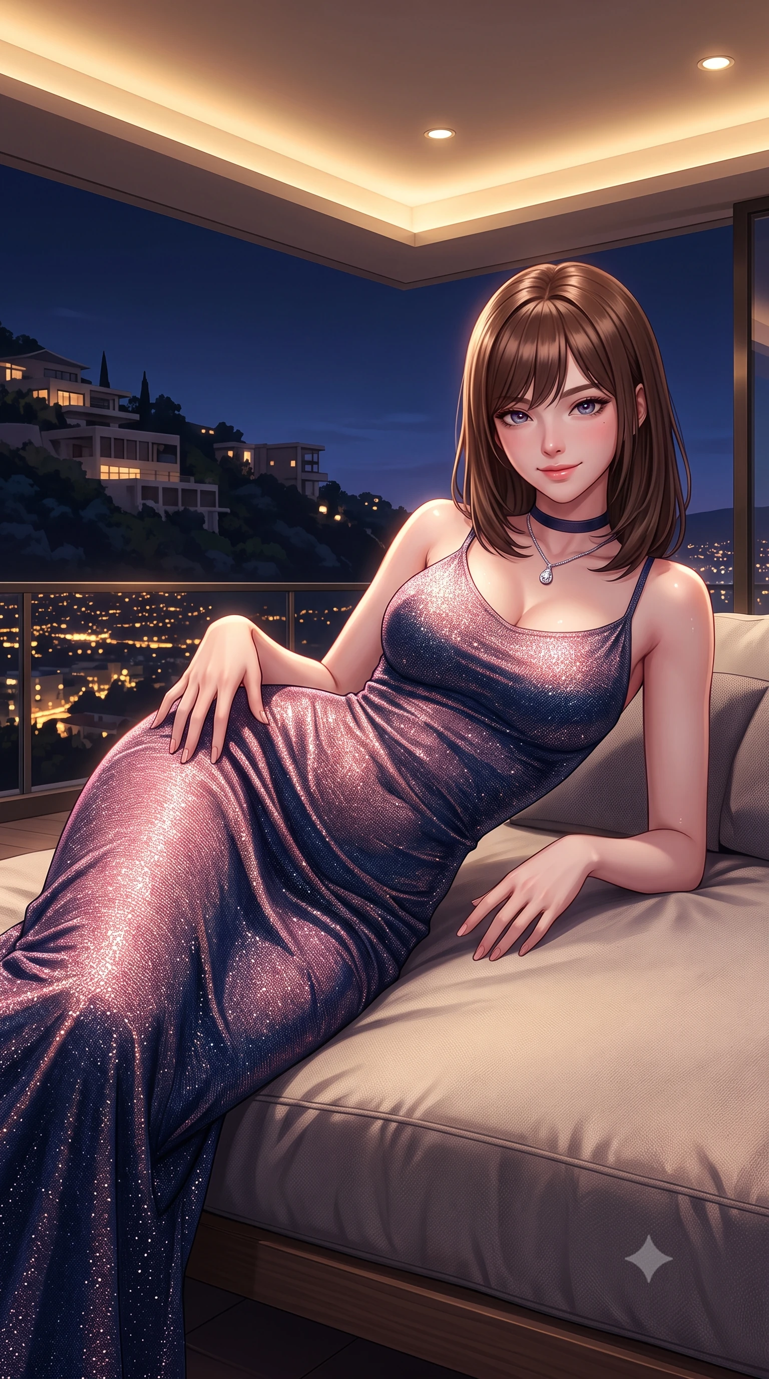 score_9, masterpiece, best quality, ultra-detailed, high-budget anime keyframe, semi-realistic 3D game render, editorial fashion photography, tasteful artistic composition, Korean woman. close-up cowboy shot from the waist and thighs up, the character dominates the composition, filling the frame with her large presence. tilting her head with a teasing half-smile, running one hand slowly down the side of her hip in a flirtatious S-curve as ambient light caresses her silhouette while lounging in the custom Italian outdoor daybed propped on one elbow with legs extended, her statuesque 8.5-heads silhouette dominating the nocturnal horizon. The surrounding environment is rendered in vivid detail and crisp panoramic clarity: detailed outfit tailoring, silhouette contours, and hillside architectural engineering in razor-sharp precision. She has an exceptionally elegant, slender, and willowy female figure with an ultra-slim waist, flat toned midriff, narrow ribcage, and sculpted feminine hips creating an alluring, slim hourglass silhouette without bulk. sharp v-shaped jawline, high-bridge nose, intricate jewel-like sparkling eyes with depth, thick eyelashes, glossy parted lips with a natural peach sheen, bright cheerful beaming smile with an enchanting and coquettish sensual glint, exuding both youthful cute charm and seductive allure, flawlessly proportioned anatomical accuracy, strict slender model proportions, natural body alignment, perfectly sculpted long slender limbs, ultra-slim waistline, clean dynamic posture without body distortion. wearing a sculpted metallic lurex knit column dress clinging smoothly to her curves with radiant shimmer in Brittany pink granite rose and deep Atlantic navy, crafted from bespoke double-faced cashmere with an exceptionally soft tactile finish, finished with a thin velvet ribbon choker and a single teardrop diamond pendant, the form-contouring silhouette accentuating her sculpted flat midriff, narrow delicate ribcage, and gracefully curvy hips with intoxicating allure. bathed in the dramatic contrast of golden city lights below and dim 2800K recessed interior cove downlights. highly saturated vibrant anime colors, detailed shading with soft gradients, rich glossy textures, high-contrast stereoscopic depth, volumetric dynamic lighting, master piece, 9:16 ratio