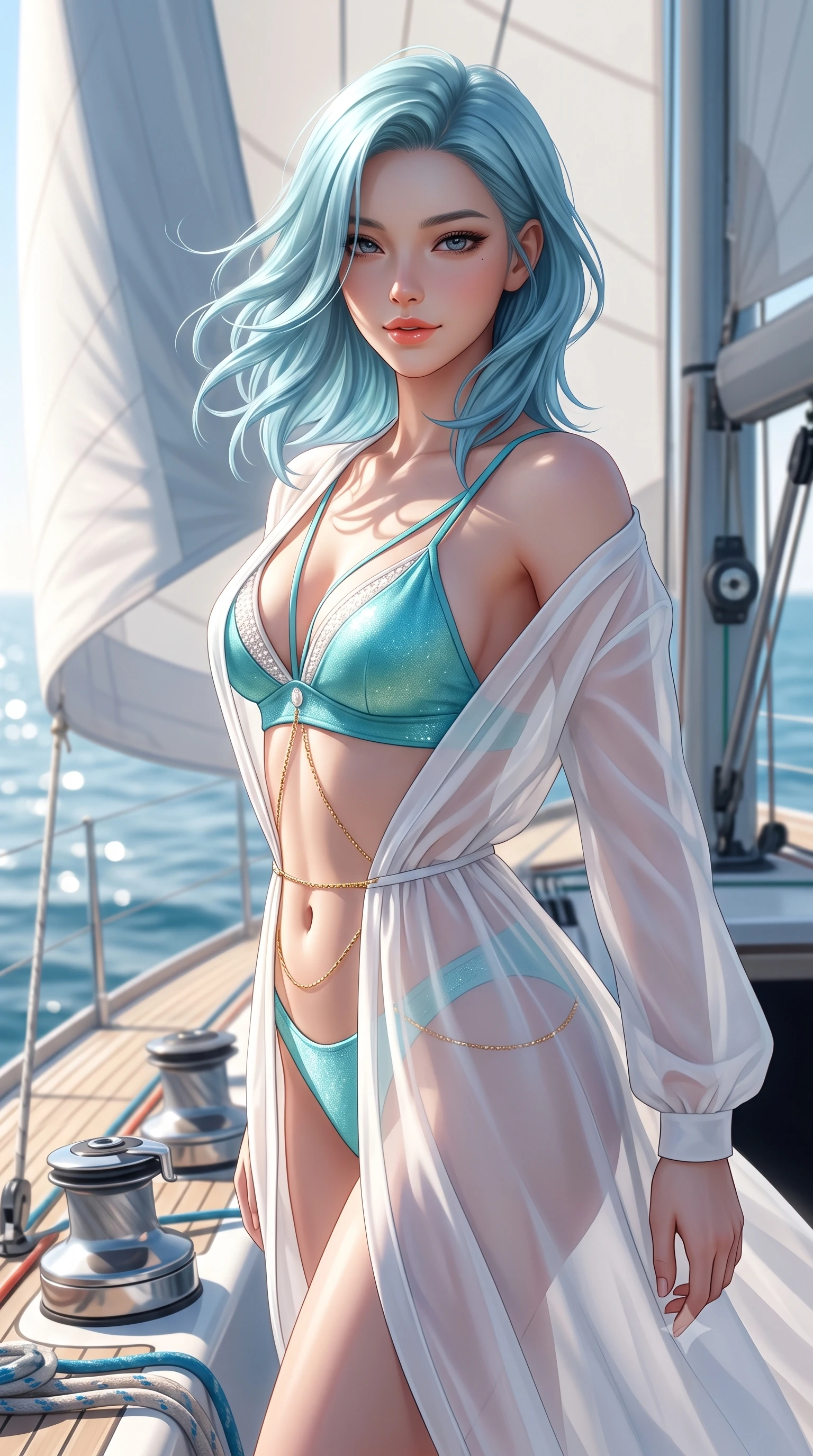 score_9, masterpiece, best quality, ultra-detailed, high-budget anime keyframe, semi-realistic 3D game render, editorial fashion photography, tasteful artistic composition, Korean woman. close-up cowboy shot from the waist and thighs up, the character dominates the composition, filling the frame with her large presence. turning slowly with an enchanting smoldering smile, her glossy hair tossing in the breeze as her hips angle gracefully in a captivating contrapposto while twisting her slender torso in an alluring S-curve, billowing white spinnaker sail casting soft shadow gradients across her curves. The background shows a soft-focus racing yacht halyard winches softened in high-seas nautical shallow focus. She has an exceptionally elegant, slender, and willowy female figure with an ultra-slim waist, flat toned midriff, narrow ribcage, and sculpted feminine hips creating an alluring, slim hourglass silhouette without bulk. sharp v-shaped jawline, high-bridge nose, sparkling eyes with hypnotic seductive depth, thick curled eyelashes, glossy parted lips with a natural dewy peach sheen, alluring bedroom-eyes with an enchanting coquettish smile, exuding magnetic siren charisma and sophisticated glamour, flawlessly proportioned anatomical accuracy, strict slender model proportions, natural body alignment, perfectly sculpted long slender limbs, ultra-slim waistline, clean dynamic posture without body distortion. wearing a delicate sheer chiffon western duster robe slipping off bare shoulders over a matching strappy suede bralette in shimmering turquoise aqua and pure pearl alabaster, tailored from second-skin technical compression neoprene with athletic curve-sculpting stretch, accented with a dainty gold belly chain resting across her flat midriff and curving hips, the glove-like clinging cut tightly following the natural contour of her hips and long slender legs with youthful 8.5-heads elegance. bathed in intense maritime sunlight reflecting from open Mediterranean waters and crisp white sails. highly saturated vibrant anime colors, detailed shading with soft gradients, rich glossy textures, high-contrast stereoscopic depth, volumetric dynamic lighting, master piece, 9:16 ratio