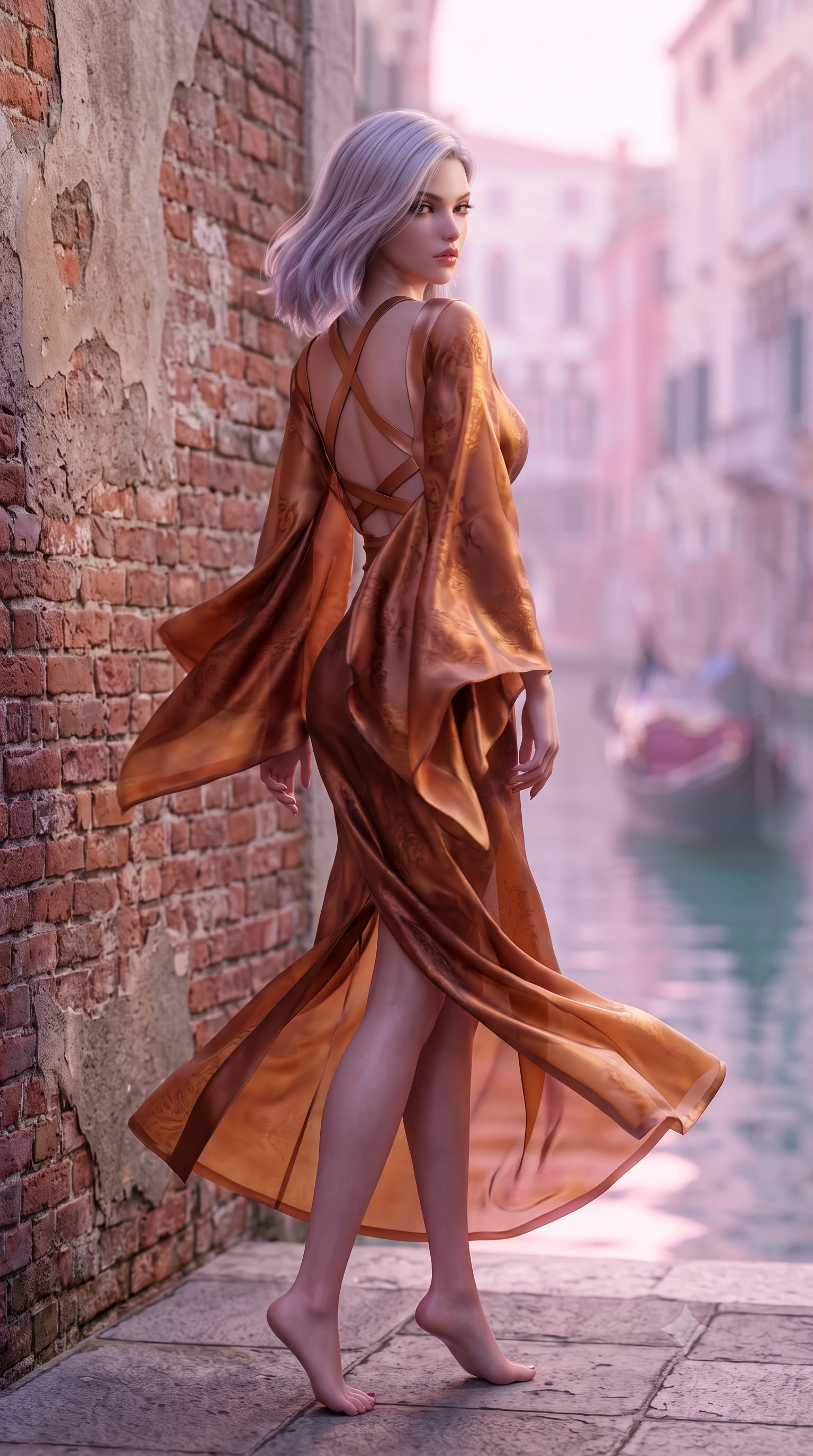 score_9, masterpiece, best quality, ultra-detailed, high-budget anime keyframe, semi-realistic 3D game render, editorial fashion photography, tasteful artistic composition, Caucasian woman. low angle full-body shot from head to toe showing her feet, filling the entire 9:16 vertical frame with her statuesque presence, stretching her vertical silhouette. executing an elegant mid-motion pivot turn as garments swirl around her slender limbs, glancing over her shoulder with an intoxicating bedroom-gaze while standing poised against the weathered palazzo brick wall, twisting her slender torso in an alluring contrapposto stance as morning mist drifts across the water. The composition keeps background elements in soft focus with creamy bokeh. gliding antique wooden gondolas and historic Venetian palazzo facades blurred into soft rose, lavender, and aquamarine bokeh. She has an exceptionally tall and slender model-like 8.5-heads proportion, an ultra-slim waist, a flat toned midriff, narrow delicate ribcage, and beautifully sculpted feminine hips creating a graceful, slim hourglass silhouette without any bulky heaviness, with impossibly long slender legs. sharp v-shaped jawline, high-bridge nose, intricate jewel-like eyes with depth, thick eyelashes, glossy parted lips with a natural sheen, intensely captivating and seductive bedroom-eyes expression, flawlessly proportioned anatomical accuracy, strict slender model proportions, natural body alignment, perfectly sculpted long slender limbs, ultra-slim waistline, clean dynamic posture without body distortion. wearing a delicate semi-translucent silk yukata that clings to her wet skin and curvy hip contours in rich copper bronze and warm amber, tailored from water-resistant treated wool gabardine and flexible stretch silk, finished with criss-cross back satin straps highlighting her graceful shoulder blades, the liquid-tight tailored fabric clinging flawlessly to her narrow waist and rounded feminine hips, emphasizing every millimeter of her sculpted slim hourglass curves without any bulky heaviness. bathed in luminous pastel dawn pink and violet light reflecting off misty canal waters. highly saturated vibrant anime colors, detailed shading with soft gradients, rich glossy textures, high-contrast stereoscopic depth, volumetric dynamic lighting, master piece, 9:16 ratio