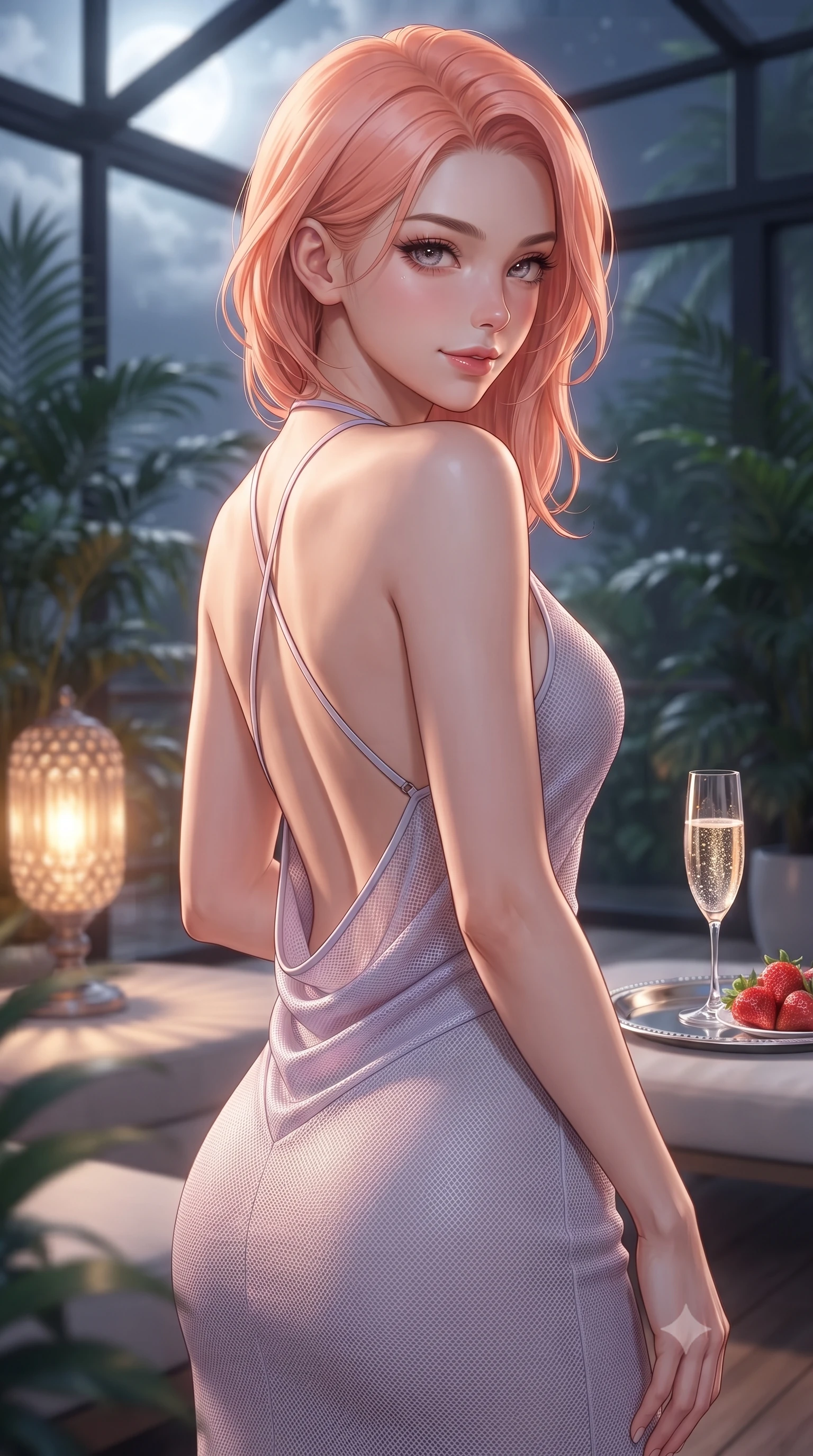 score_9, masterpiece, best quality, ultra-detailed, high-budget anime keyframe, editorial fashion photography, tasteful artistic composition, Japanese woman. close-up cowboy shot from the waist and thighs up, the character dominates the composition, filling the frame with her large presence, background elements kept in soft focus. glancing sidelong over her shoulder with an intoxicating, lingering stare and a subtle, knowing smile set against a soft-focus background of inside an exclusive solarium deck with a crystal glass of sparkling champagne and fresh strawberries on a silver tray. She has an exceptionally elegant, slender, and willowy female figure with an ultra-slim waist, a gracefully sculpted slender torso, and a refined silhouette. sharp v-shaped jawline, high-bridge nose, intricate jewel-like eyes with depth, thick eyelashes, glossy lips with a natural sheen. wearing tailored pale lavender contouring mesh backless linen halter dress featuring delicate straps and a draped open-back design featuring refined tailored seams. illuminated by soft silver moonlight contrasting with the warm amber glow of a nearby lamp. highly saturated vibrant anime colors, detailed shading with soft gradients, rich glossy textures, high-contrast stereoscopic depth, volumetric dynamic lighting, master piece, 9:16 ratio
