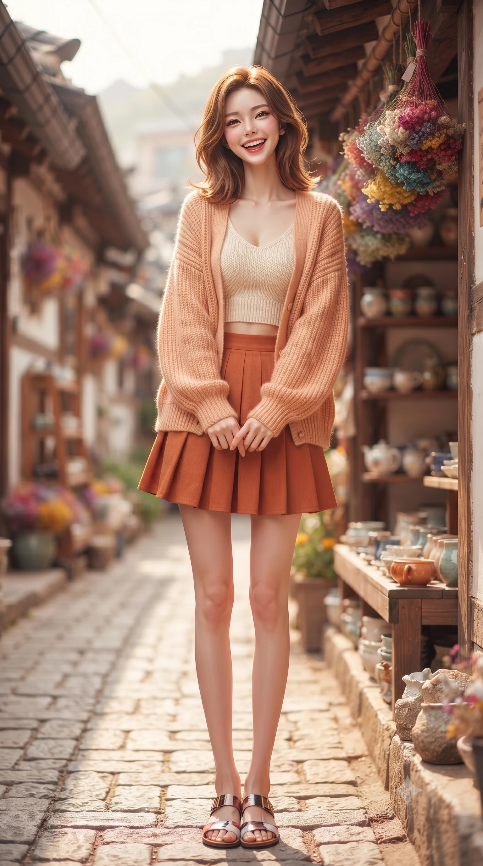 score_9, masterpiece, best quality, ultra-detailed, high-budget anime keyframe, editorial fashion photography, tasteful artistic composition, Korean woman. low angle full-body shot from head to toe showing her feet, filling the entire 9:16 vertical frame with her statuesque presence, stretching her vertical silhouette. standing with a cute, bright pose, tilting her head with a beaming smile set against a soft-focus background of in a narrow cobblestone alley next to a cozy handmade pottery shop with a display of colorful dried flower bouquets hanging from the shop roof. She has an absolutely perfect, statuesque 8.5-heads proportion, an exceptionally tall and slender model-like female figure with impossibly long slender legs and an ultra-slim waist. sharp v-shaped jawline, high-bridge nose, intricate jewel-like eyes with depth, thick eyelashes, glossy lips with a natural sheen. wearing body-hugging crop top under an open knit cardigan, paired with a high-waist pleated A-line skirt. soft diffused daylight creating a warm, cozy and nostalgic atmosphere. highly saturated vibrant anime colors, detailed shading with soft gradients, rich glossy textures, high-contrast stereoscopic depth, volumetric dynamic lighting, master piece, 9:16 ratio