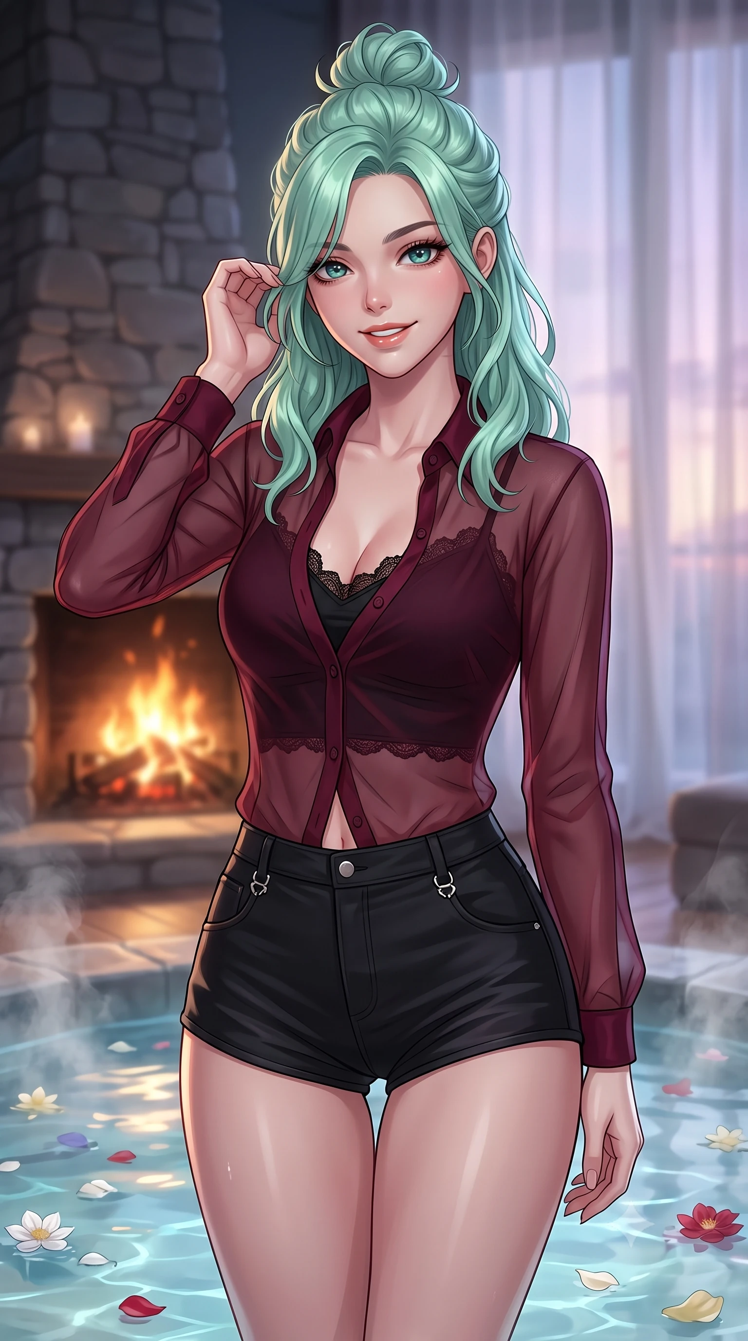 score_9, masterpiece, best quality, ultra-detailed, high-budget anime keyframe, editorial fashion photography, tasteful artistic composition, Japanese woman. close-up cowboy shot from the waist and thighs up, the character dominates the composition, filling the frame with her large presence, background elements kept in soft focus. flashing a warm, intoxicating grin while gently tucking a strand of hair behind her ear set against a soft-focus background of inside an exclusive fireplace lounge with rising mineral steam and floating flower petals on the clear water surface. She has an exceptionally elegant, slender, and willowy female figure with an ultra-slim waist, a gracefully sculpted slender torso, and a refined silhouette. sharp v-shaped jawline, high-bridge nose, intricate jewel-like eyes with depth, thick eyelashes, glossy lips with a natural sheen. wearing slim-fit deep burgundy contouring mesh sheer organza button-up shirt worn over a lace-accented crop top and high-cut mini shorts accented with delicate silver hardware. softened by diffused twilight glow filtering through sheer chiffon window curtains. highly saturated vibrant anime colors, detailed shading with soft gradients, rich glossy textures, high-contrast stereoscopic depth, volumetric dynamic lighting, master piece, 9:16 ratio